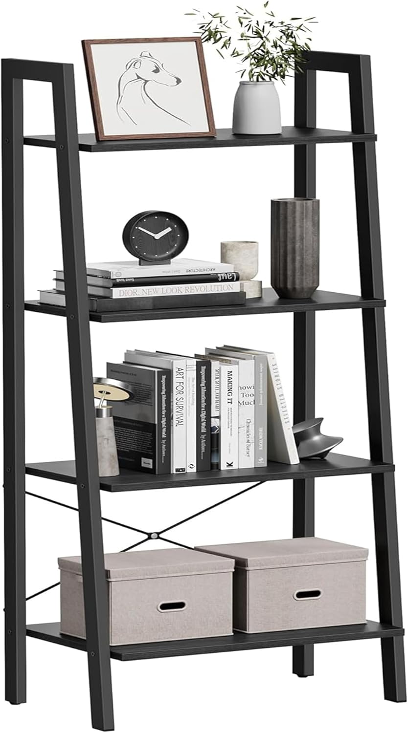 VASAGLE Ladder Shelf, 4-Tier Bookshelf, Storage Rack, Bookcase with Steel Frame, for Living Room, Home Office, Kitchen, Bedroom, Industrial Style, Rustic Brown and Ink Black ULLS44X
