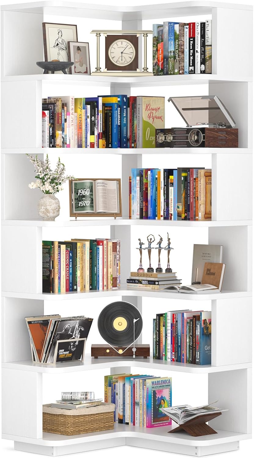 Armocity Corner Book Shelf - 6-Shelf Corner Bookshelf Etagere Bookcase with Baffle, Freestanding L Shaped Display Shelf Stand for Home Office, Living Room, Bedroom, Kitchen, White