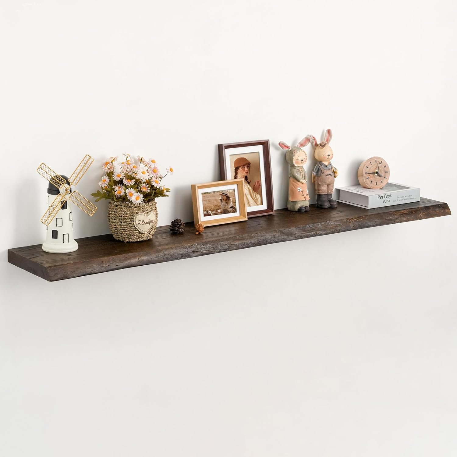 Floating Shelves Set of 2, Solid Elm Wood Wall Shelves 24 Inch - Invisible Bracket Mount for Living Room, Bedroom, Kitchen, Bathroom - Natural