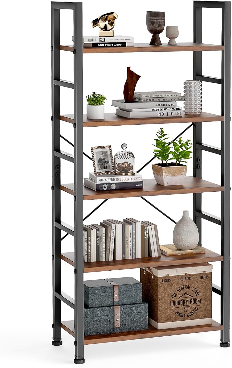 DUMOS Ladder Shelf, 4-Tier Display Bookshelf, Industrial Style Storage Standing Shelf, Decorative Shelves with Stable Frame for Living Room, Bedroom, Office, Kitchen, Bathroom, Brown