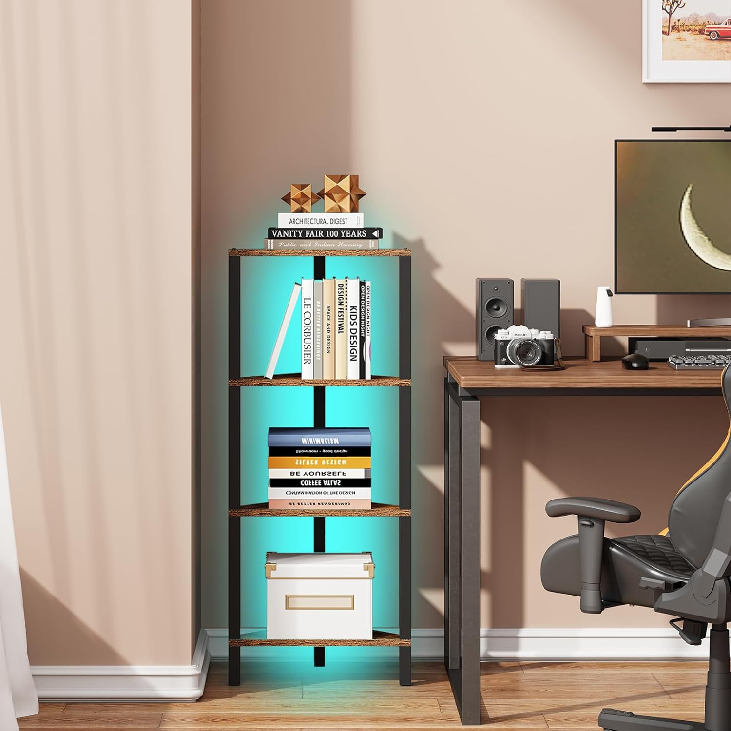 TUTOTAK 6-Tier Corner Bookshelf with LED Light,Corner Shelf for Small Space, Narrow Display Corner Shelf Stand with Storage Rack, for Living Room, Bedroom, Pure White V1BS05BW006L