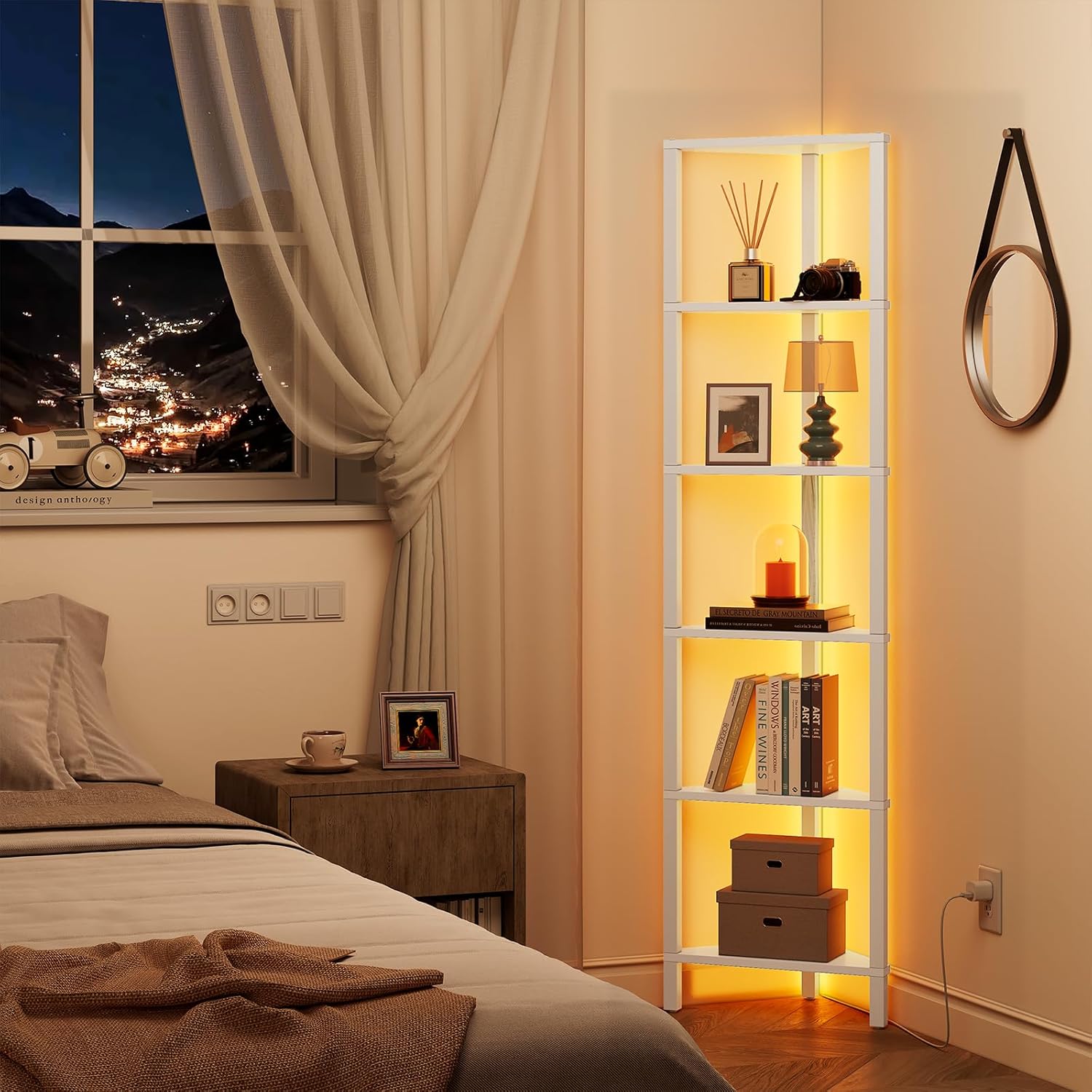 TUTOTAK 6-Tier Corner Bookshelf with LED Light,Corner Shelf for Small Space, Narrow Display Corner Shelf Stand with Storage Rack, for Living Room, Bedroom, Pure White V1BS05BW006L