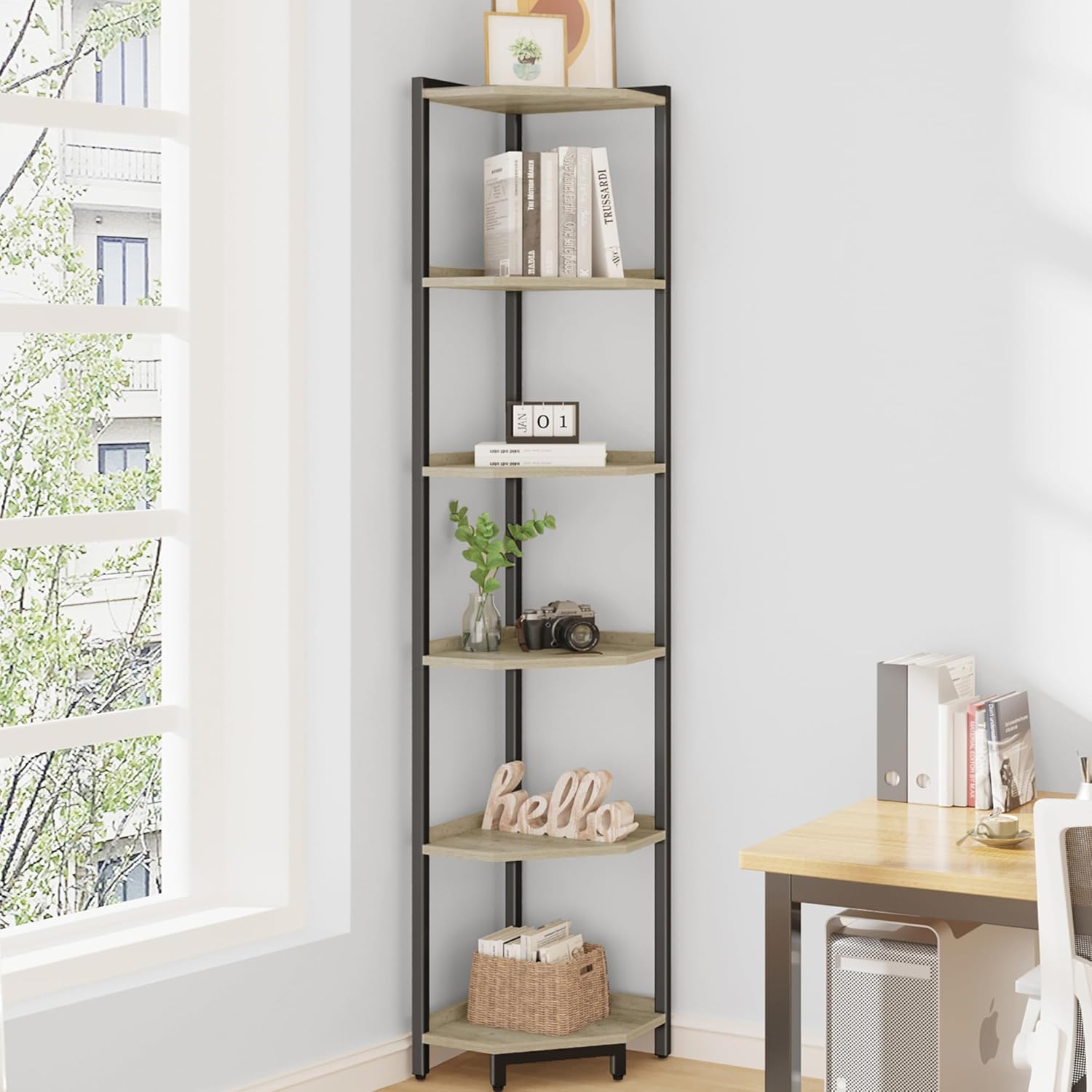 Corner Shelf Stand, Corner Bookshelf, Storage Standing Shelf Unit with Metal Frame, Plant Stand, Corner Bookcase for Living Room, Home Office, Bedroom, 6-Tier Rustic Brown CS06001B