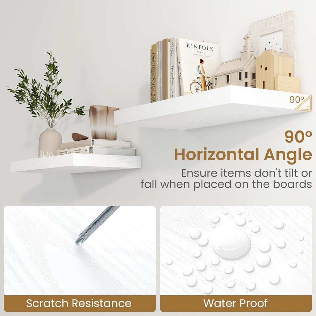 Fun Memories 48 Inch Floating Shelves in White, 9.3 Inch Deep Floating Shelf for Bathroom Living Room Kitchen, Rusitc Wall Mounted Bathroom Shelves 2 Pack, Heavy-Duty Deep Shelf for Books Decor