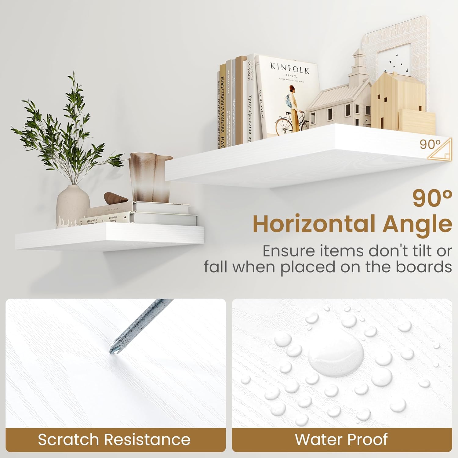 Fun Memories 48 Inch Floating Shelves in White, 9.3 Inch Deep Floating Shelf for Bathroom Living Room Kitchen, Rusitc Wall Mounted Bathroom Shelves 2 Pack, Heavy-Duty Deep Shelf for Books Decor