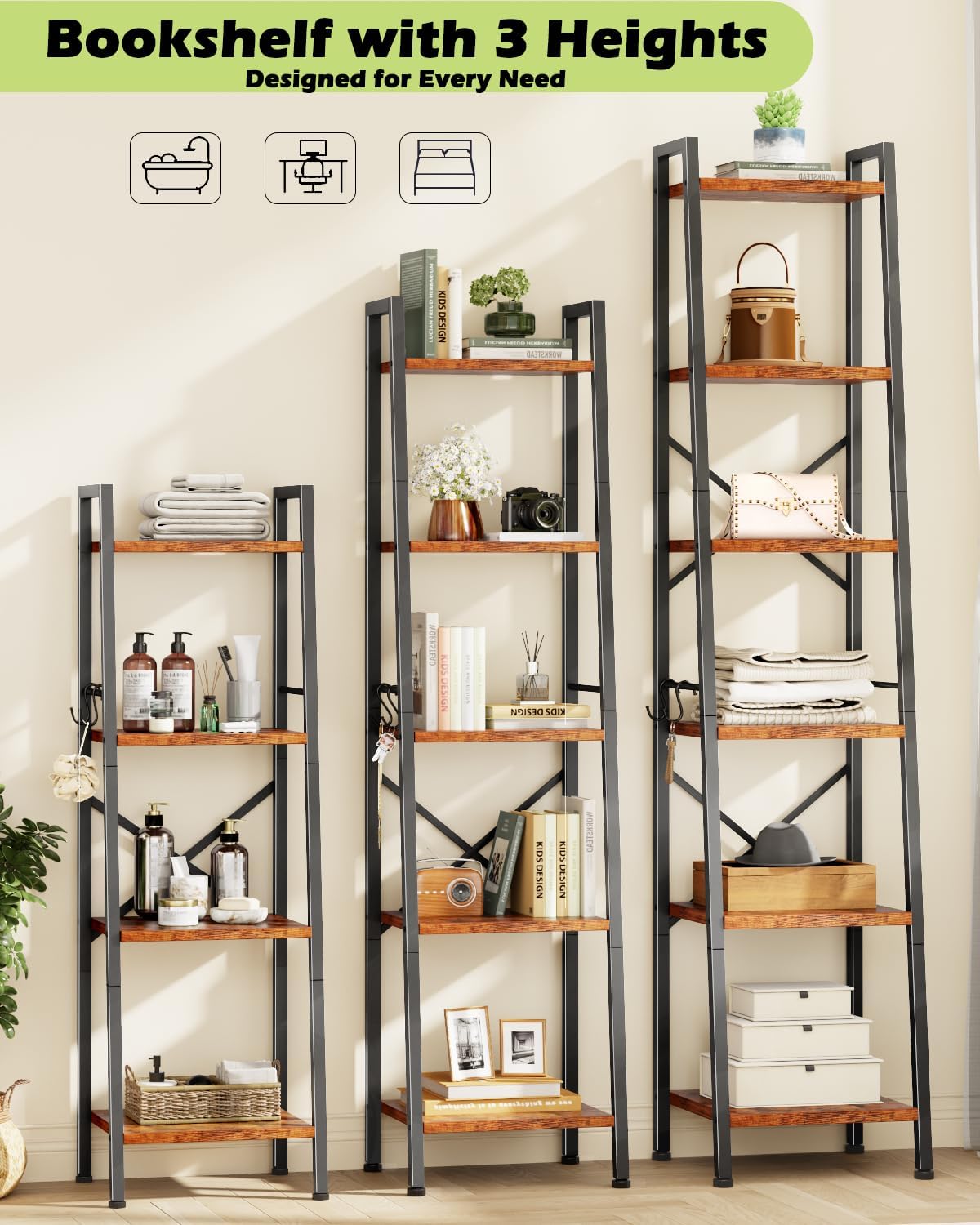 Furologee 5 Tier Ladder Shelf Bookcase, Tall Narrow Bookshelf with 2 Hooks, Rustic Brown Bathroom Corner Book Shelf, Metal Wood Book Case Standing Unit, Display Shelf for Living Room Office Kitchen