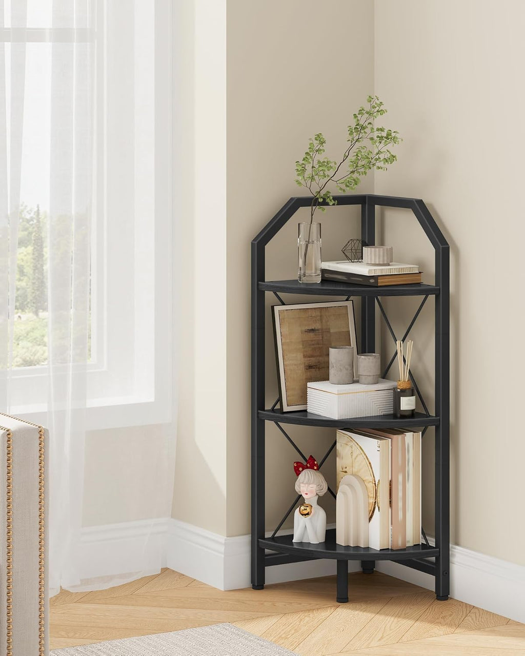 59.4" Corner Shelf, 5-Tier Industrial Corner Bookshelf, Corner Storage Stand, Plant Stand Display Shelf, Bookcase for Bedroom, Living Room, Home Office, Rustic Brown and Black TCJ10BF