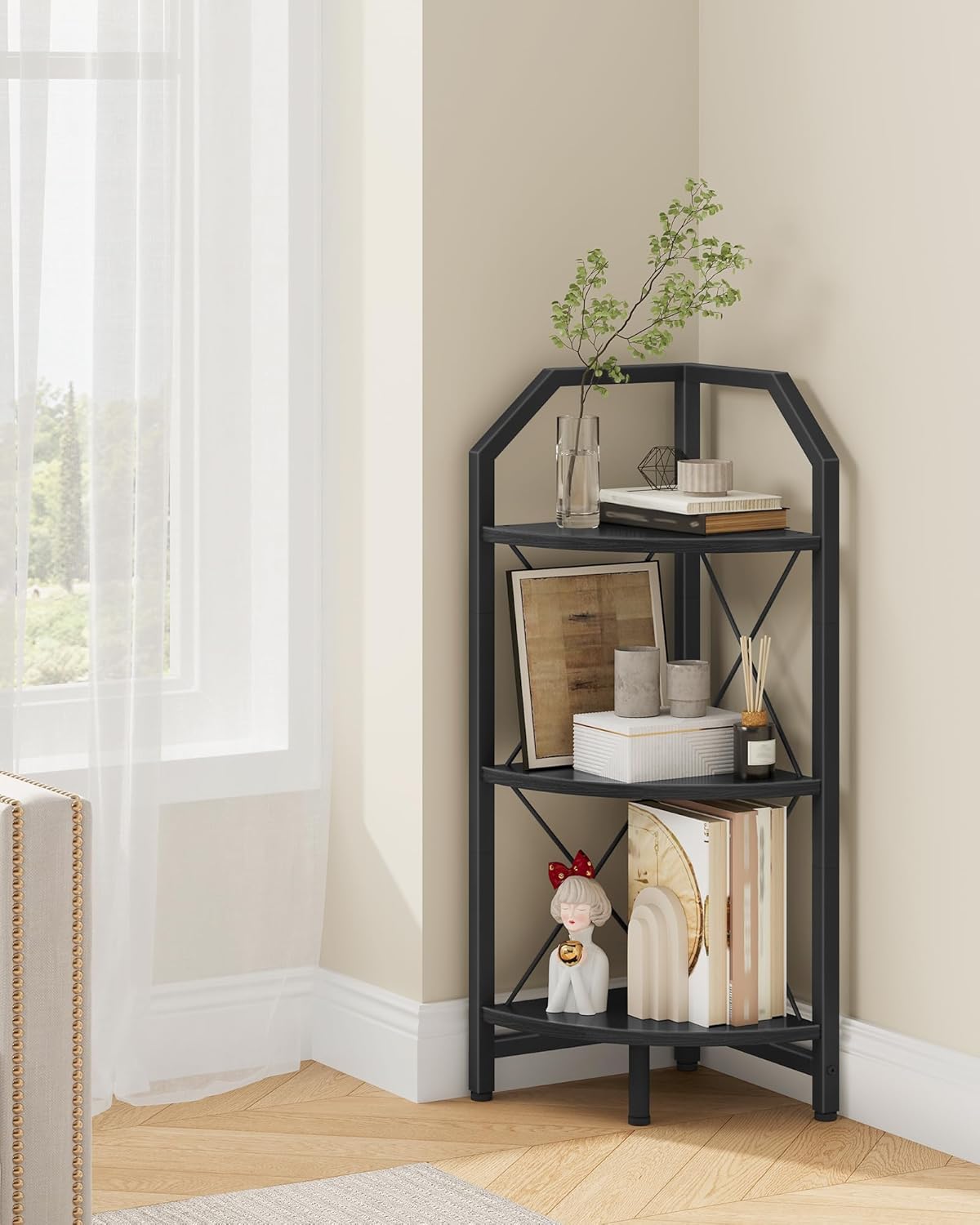 59.4" Corner Shelf, 5-Tier Industrial Corner Bookshelf, Corner Storage Stand, Plant Stand Display Shelf, Bookcase for Bedroom, Living Room, Home Office, Rustic Brown and Black TCJ10BF