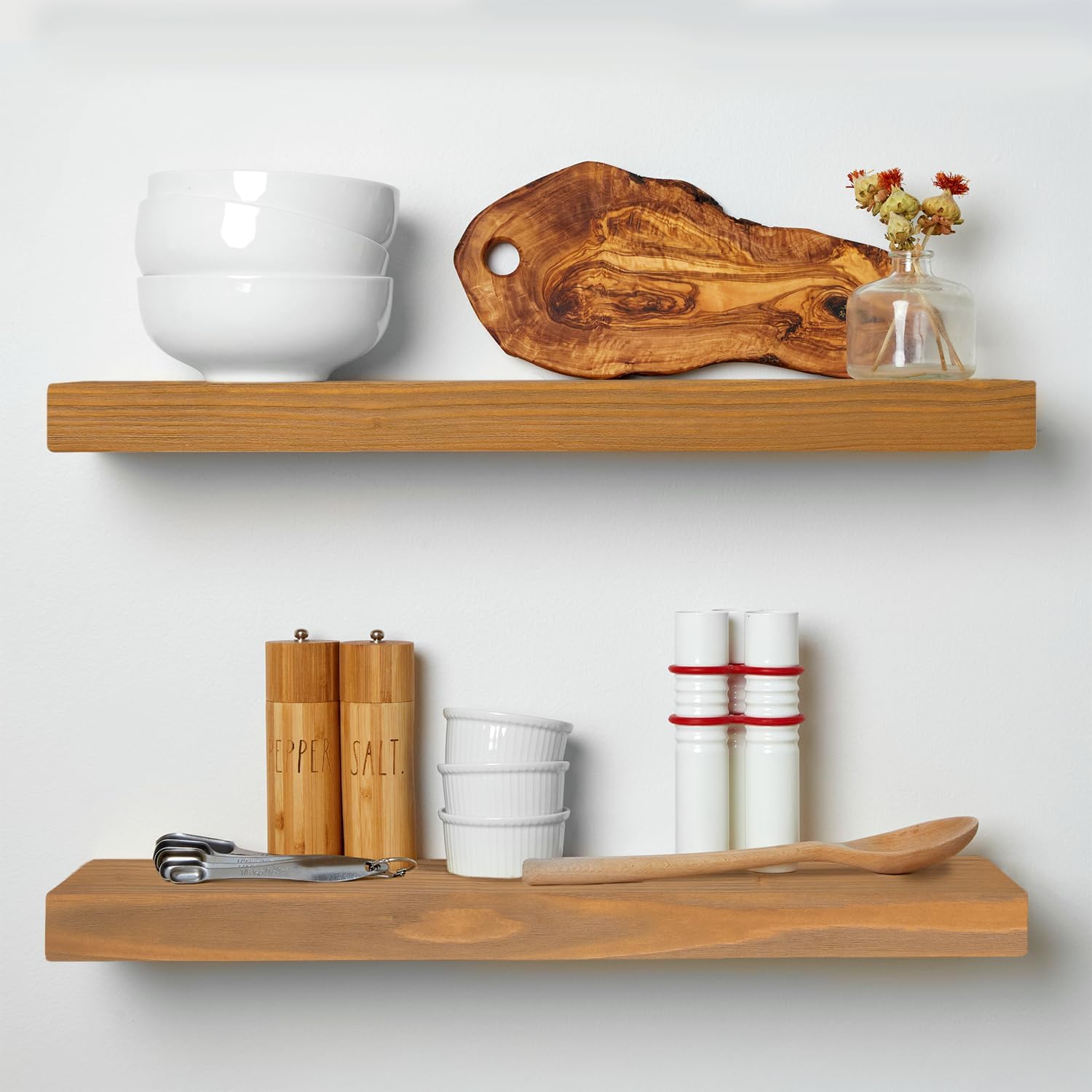 Homeforia 24inch Oak Floating Shelf for Wall, High End Solid Real Wood 24 inches Long Floating Shelves for Bathroom, Honey Oak Wooden Floating Shelves, Heavy Duty Bracket, 24 X 6.5 X 1.75 in, Set of 2