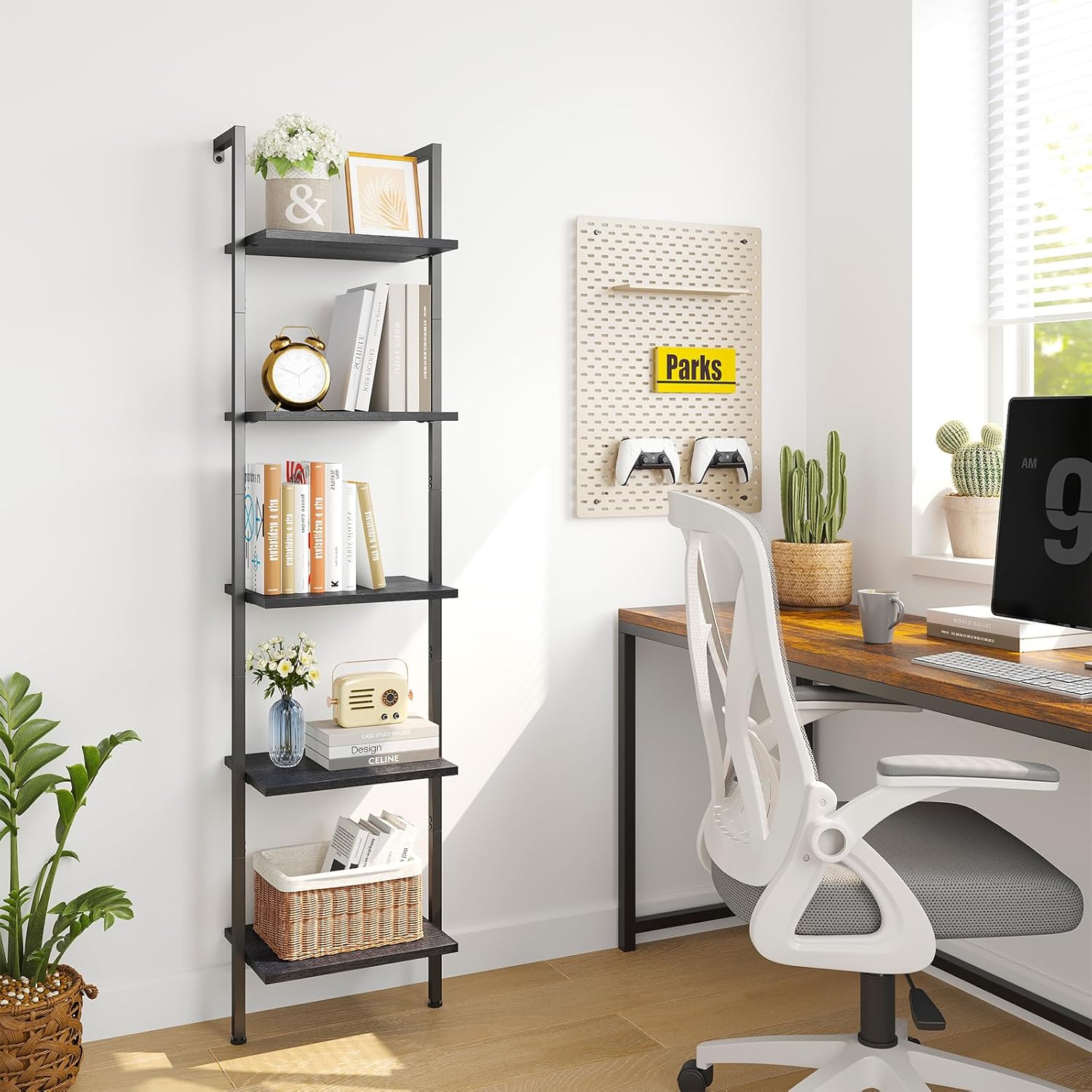 ELYKEN Ladder Shelf, 5-Tier Wood Wall Mounted Bookshelf with Metal Frame, Vintage Open Display Organizer Rack, Leaning Storage Shelves for Living Room, Bedroom, Home Office, Black