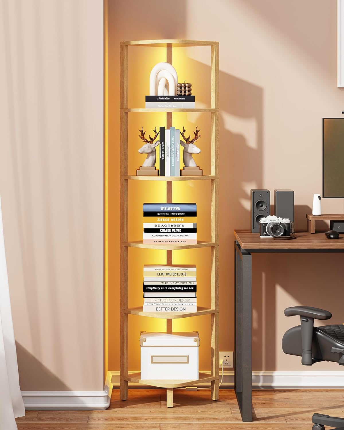 TUTOTAK 6-Tier Corner Bookshelf with LED Light,Corner Shelf for Small Space, Narrow Display Corner Shelf Stand with Storage Rack, for Living Room, Bedroom, Pure White V1BS05BW006L