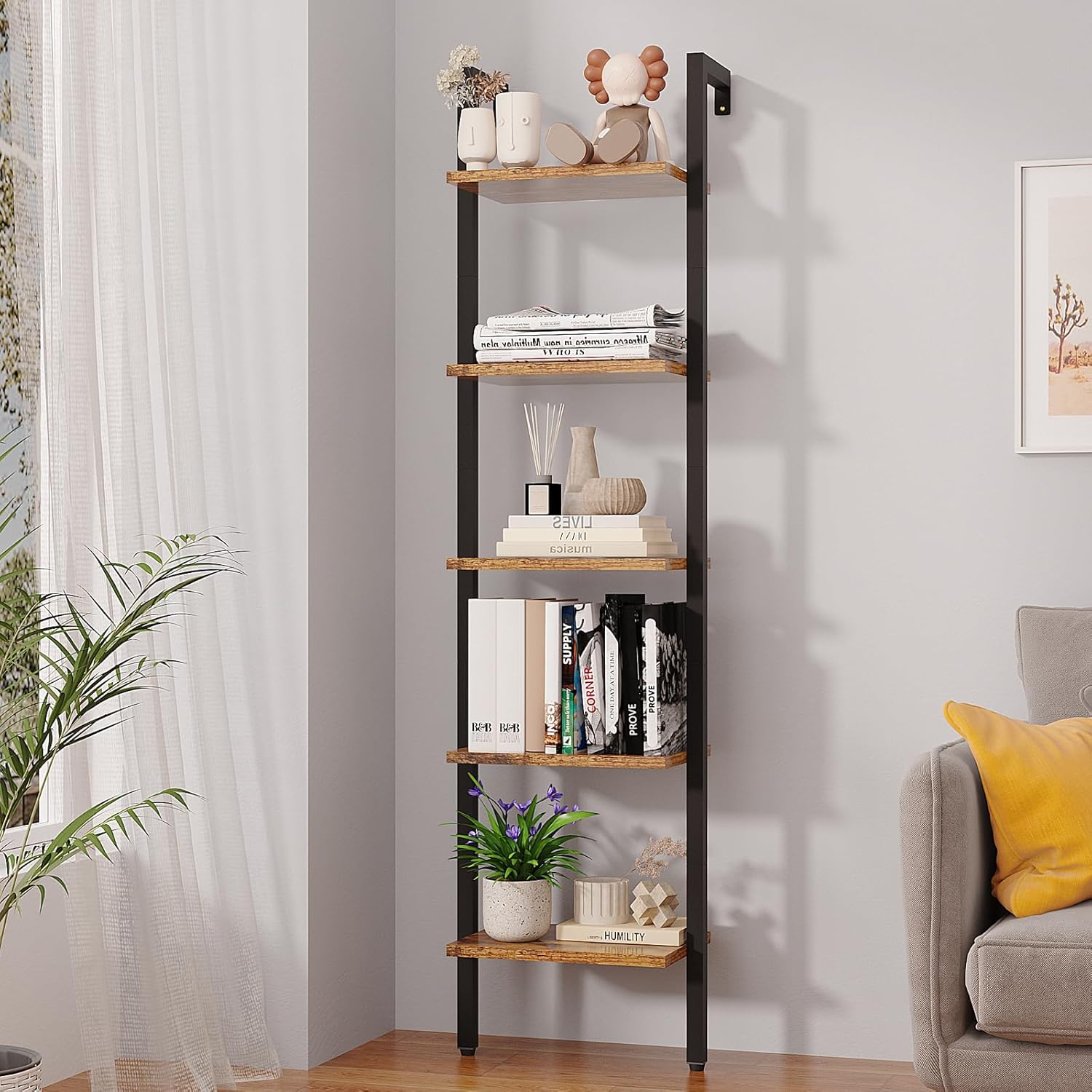 YMYNY 5 Tiers Narrow Ladder Bookcase, Industrial Wall Mounted Bookshelf, Open Display Rack with Metal Frame, Wooden Storage Shelves for Bedroom, Home Office, Living Room, Black, 70*17.3*11.8"UHBC015B