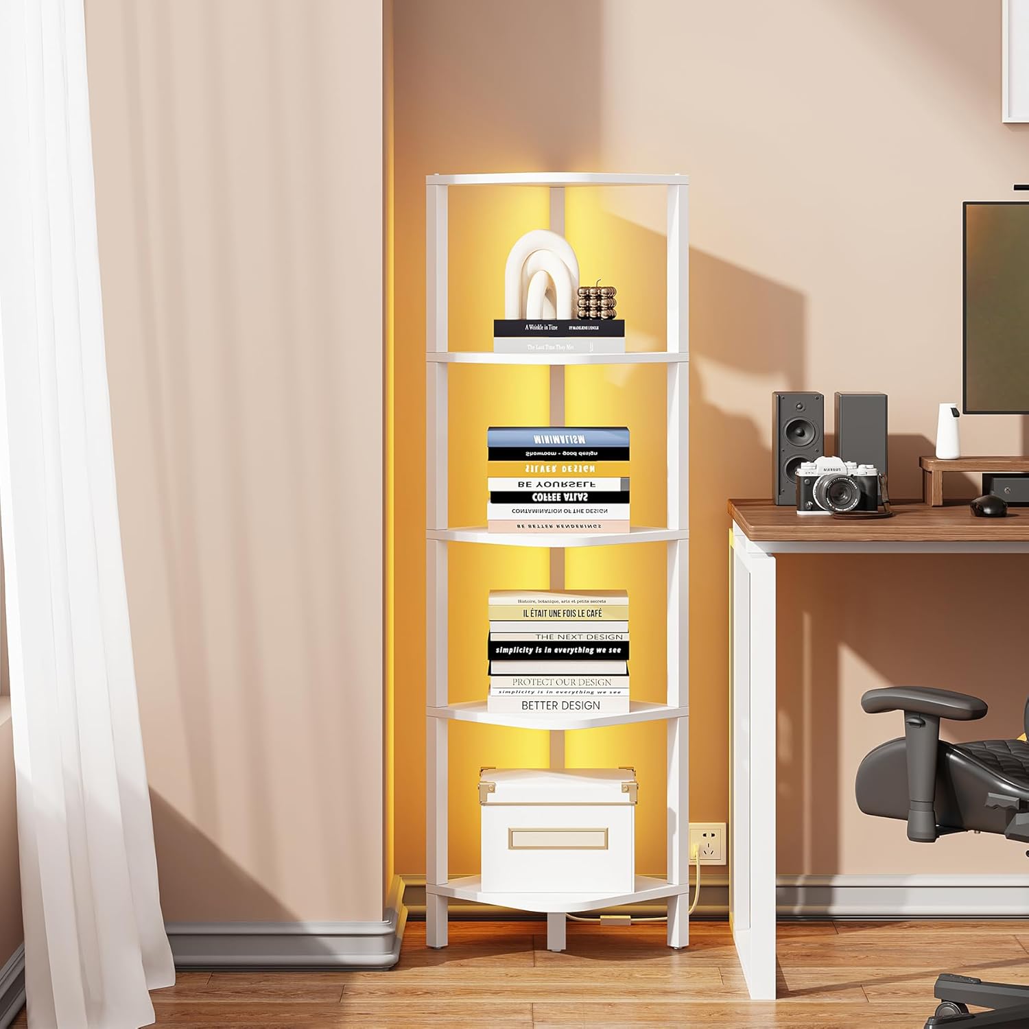 TUTOTAK 6-Tier Corner Bookshelf with LED Light,Corner Shelf for Small Space, Narrow Display Corner Shelf Stand with Storage Rack, for Living Room, Bedroom, Pure White V1BS05BW006L