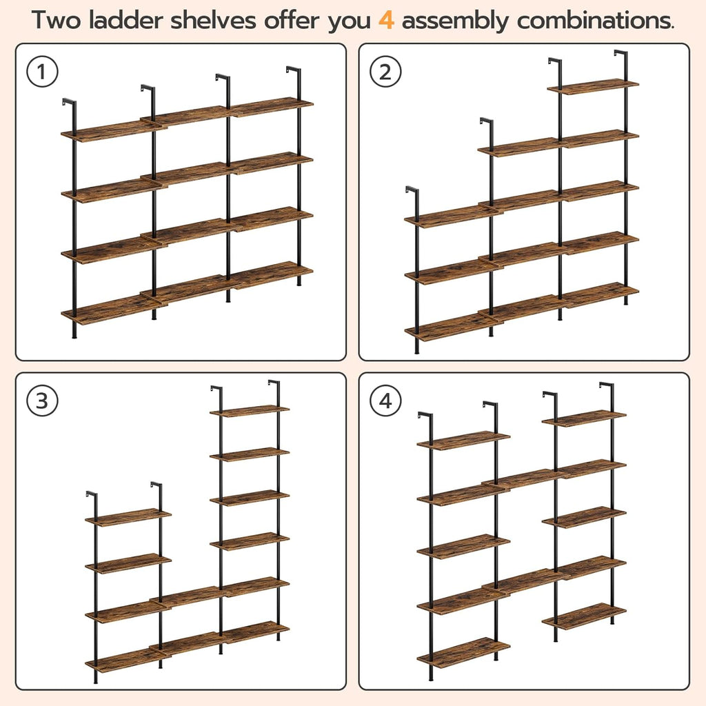 HOOBRO DIY Ladder Shelf, 6-Tier Wall Mounted Bookshelf, Office Vertical Bookcase, Wooden Storage Shelves for Home Office, Bedroom, Rustic Brown and Black BF65CJ01