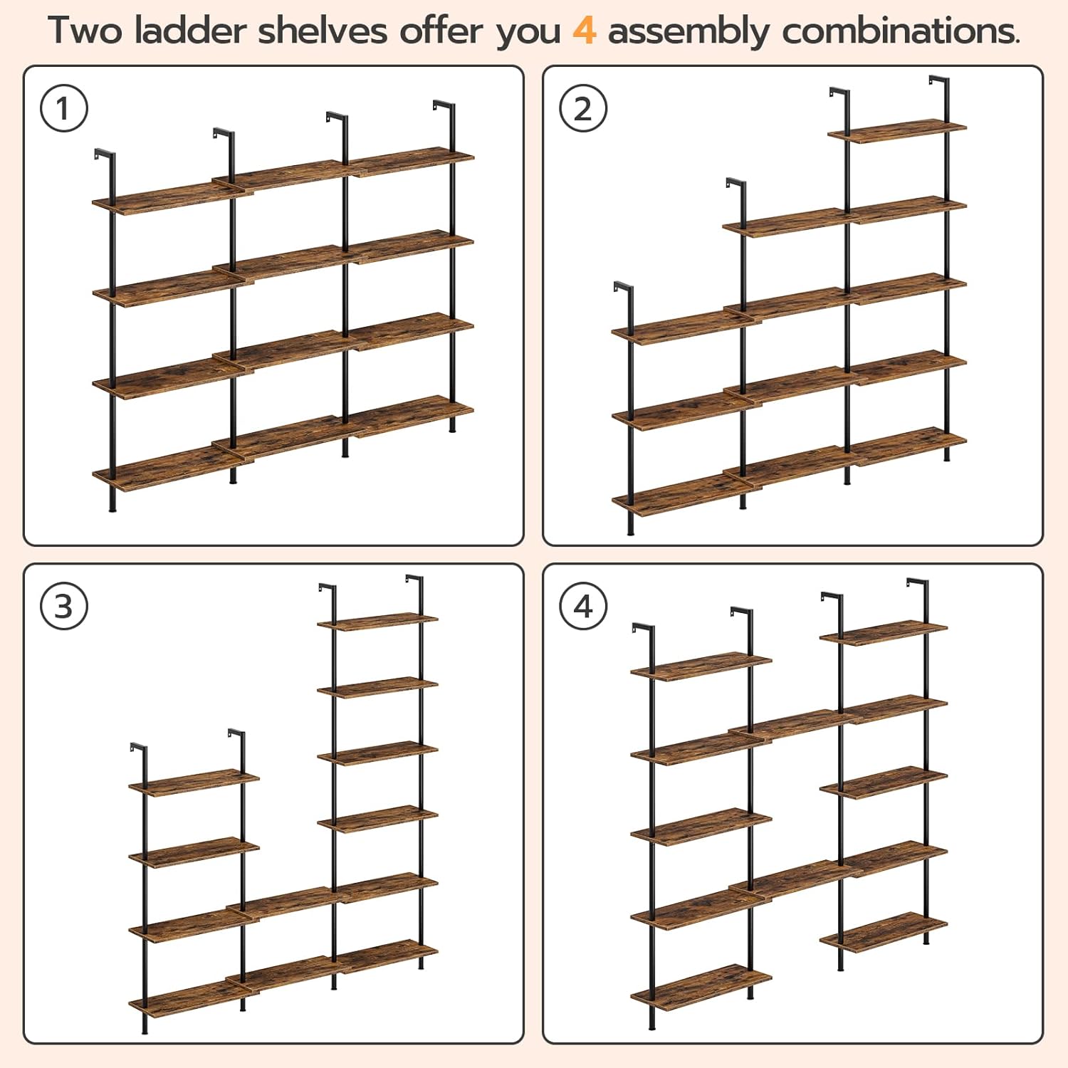 HOOBRO DIY Ladder Shelf, 6-Tier Wall Mounted Bookshelf, Office Vertical Bookcase, Wooden Storage Shelves for Home Office, Bedroom, Rustic Brown and Black BF65CJ01