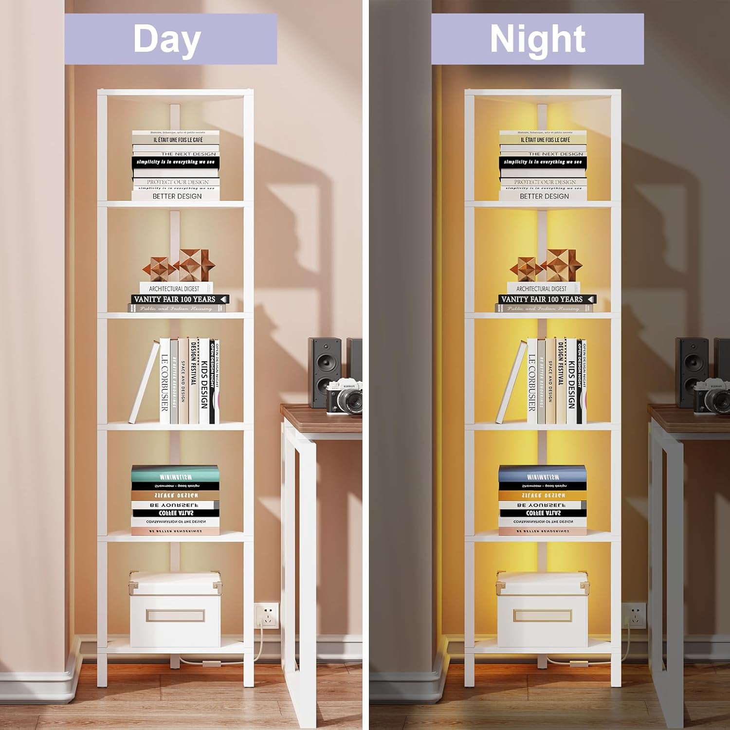 TUTOTAK 6-Tier Corner Bookshelf with LED Light,Corner Shelf for Small Space, Narrow Display Corner Shelf Stand with Storage Rack, for Living Room, Bedroom, Pure White V1BS05BW006L