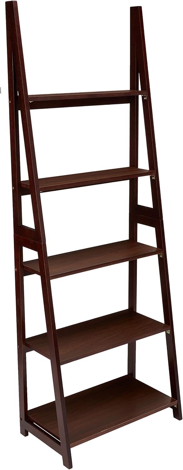 Amazon Basics Ladder Bookshelf Organizer, Solid Rubberwood Frame, Espresso Finish, 5 Shelves, 14" D x 24.8" W x 70.1" H
