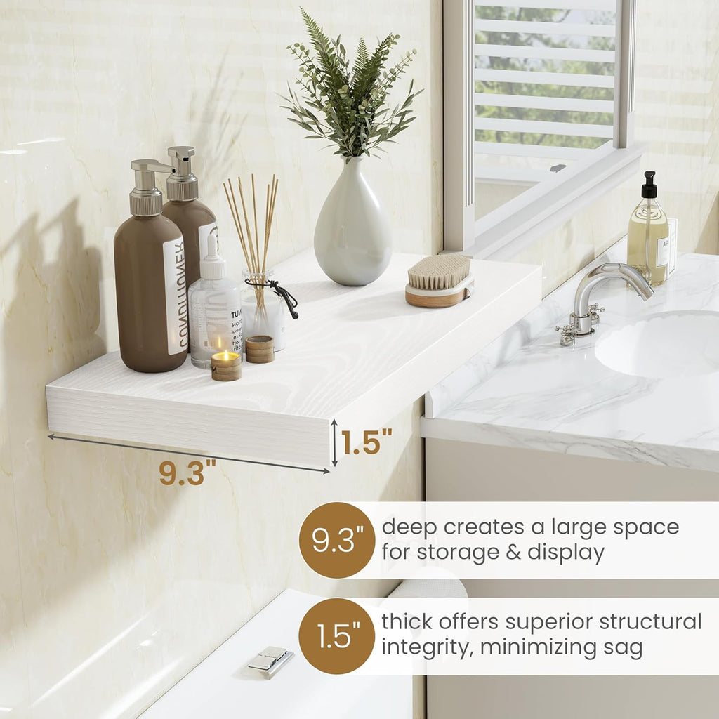 Fun Memories 48 Inch Floating Shelves in White, 9.3 Inch Deep Floating Shelf for Bathroom Living Room Kitchen, Rusitc Wall Mounted Bathroom Shelves 2 Pack, Heavy-Duty Deep Shelf for Books Decor