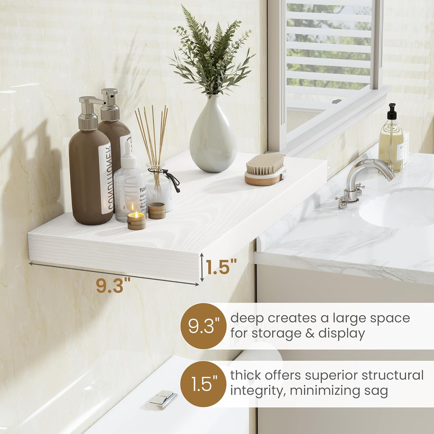 Fun Memories 48 Inch Floating Shelves in White, 9.3 Inch Deep Floating Shelf for Bathroom Living Room Kitchen, Rusitc Wall Mounted Bathroom Shelves 2 Pack, Heavy-Duty Deep Shelf for Books Decor