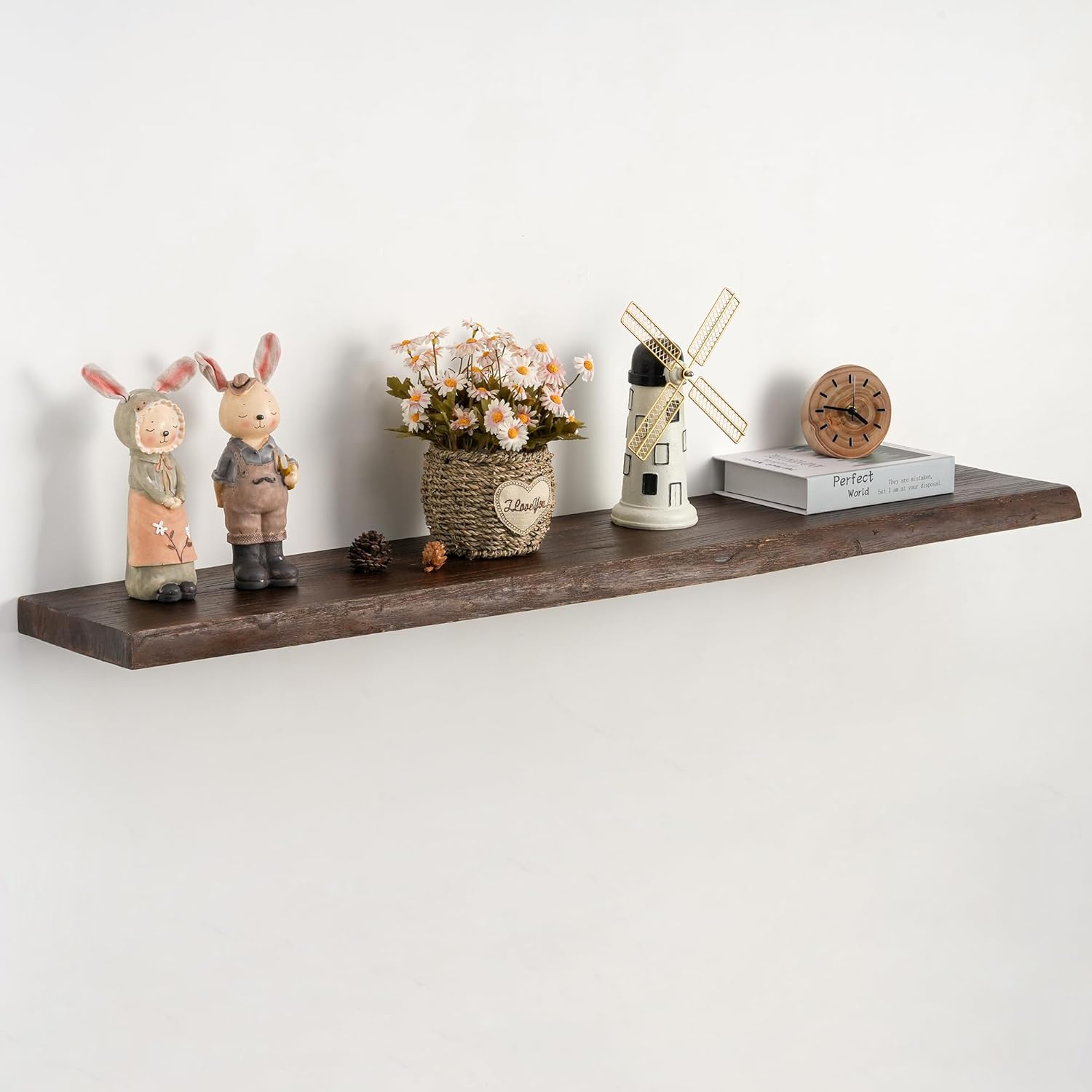 Floating Shelves Set of 2, Solid Elm Wood Wall Shelves 24 Inch - Invisible Bracket Mount for Living Room, Bedroom, Kitchen, Bathroom - Natural