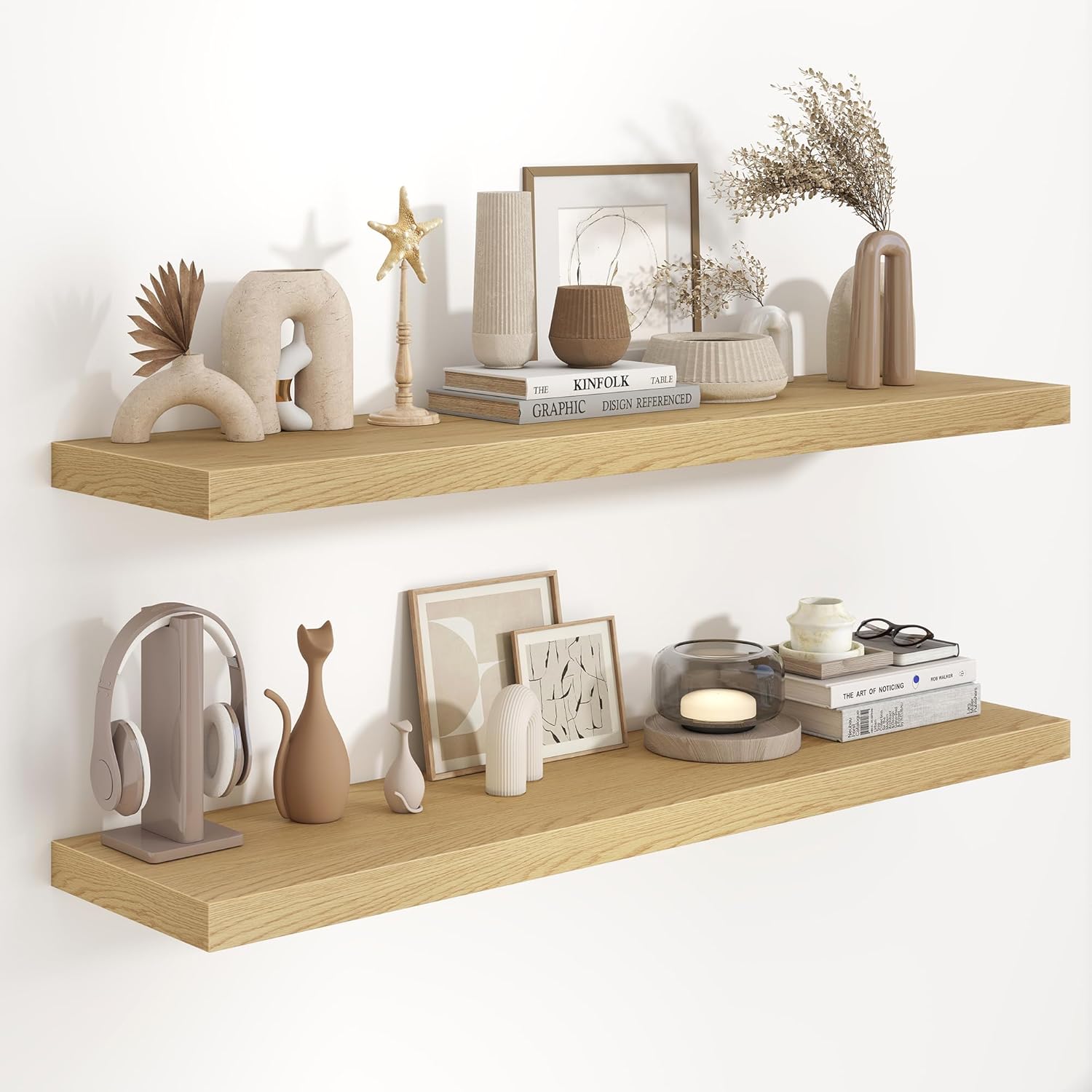 Fun Memories 48 Inch Floating Shelves in White, 9.3 Inch Deep Floating Shelf for Bathroom Living Room Kitchen, Rusitc Wall Mounted Bathroom Shelves 2 Pack, Heavy-Duty Deep Shelf for Books Decor