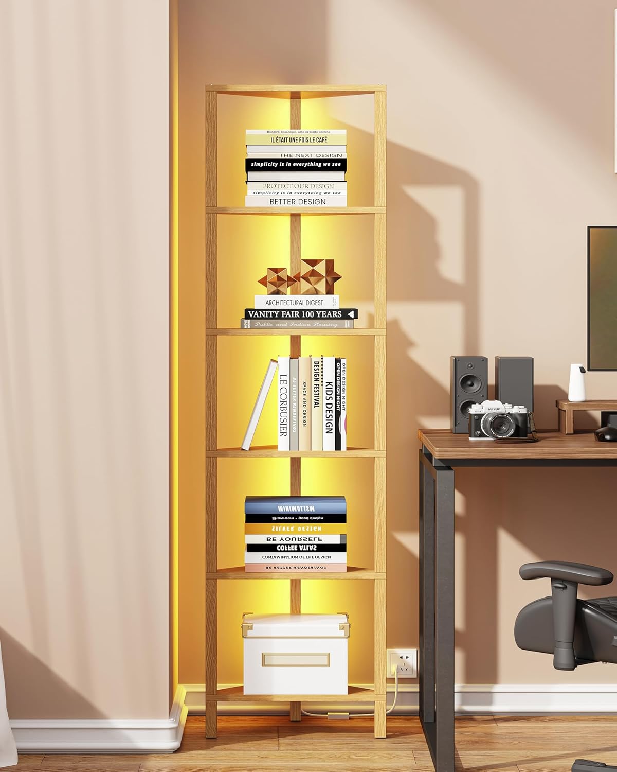 TUTOTAK 6-Tier Corner Bookshelf with LED Light,Corner Shelf for Small Space, Narrow Display Corner Shelf Stand with Storage Rack, for Living Room, Bedroom, Pure White V1BS05BW006L