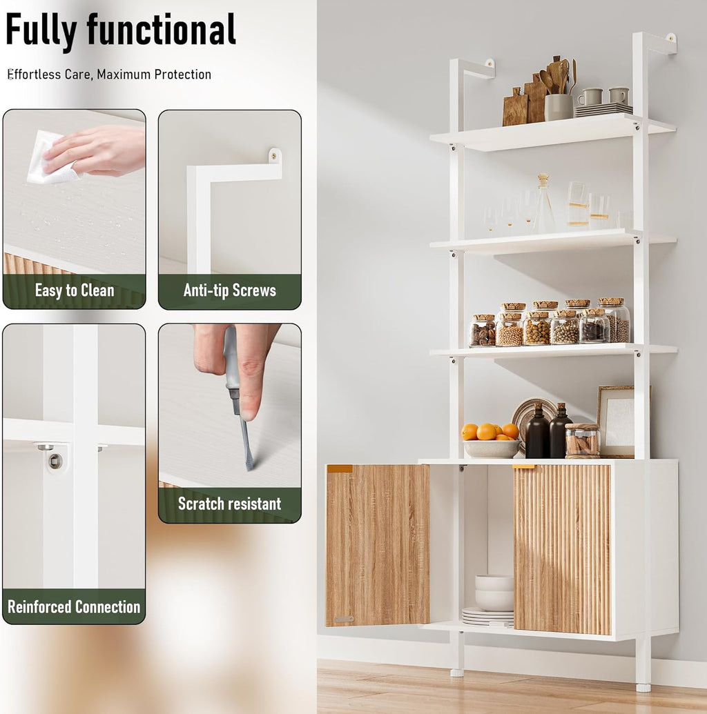 74" Tall Bookshelf with Storage Cabinet, Modern Ladder Shelf with Wood and Metal Frame, Wall Mount Bookcase Open Display Shelf Furniture for Living Room, Bedroom, Home Office, White and Oak