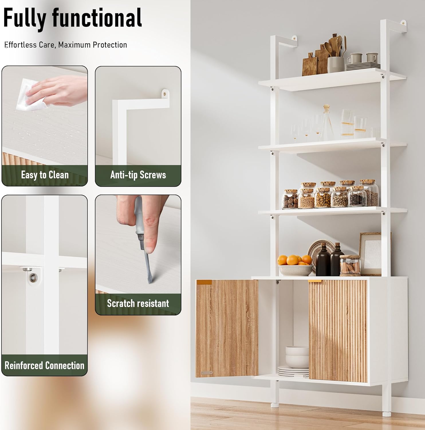 74" Tall Bookshelf with Storage Cabinet, Modern Ladder Shelf with Wood and Metal Frame, Wall Mount Bookcase Open Display Shelf Furniture for Living Room, Bedroom, Home Office, White and Oak