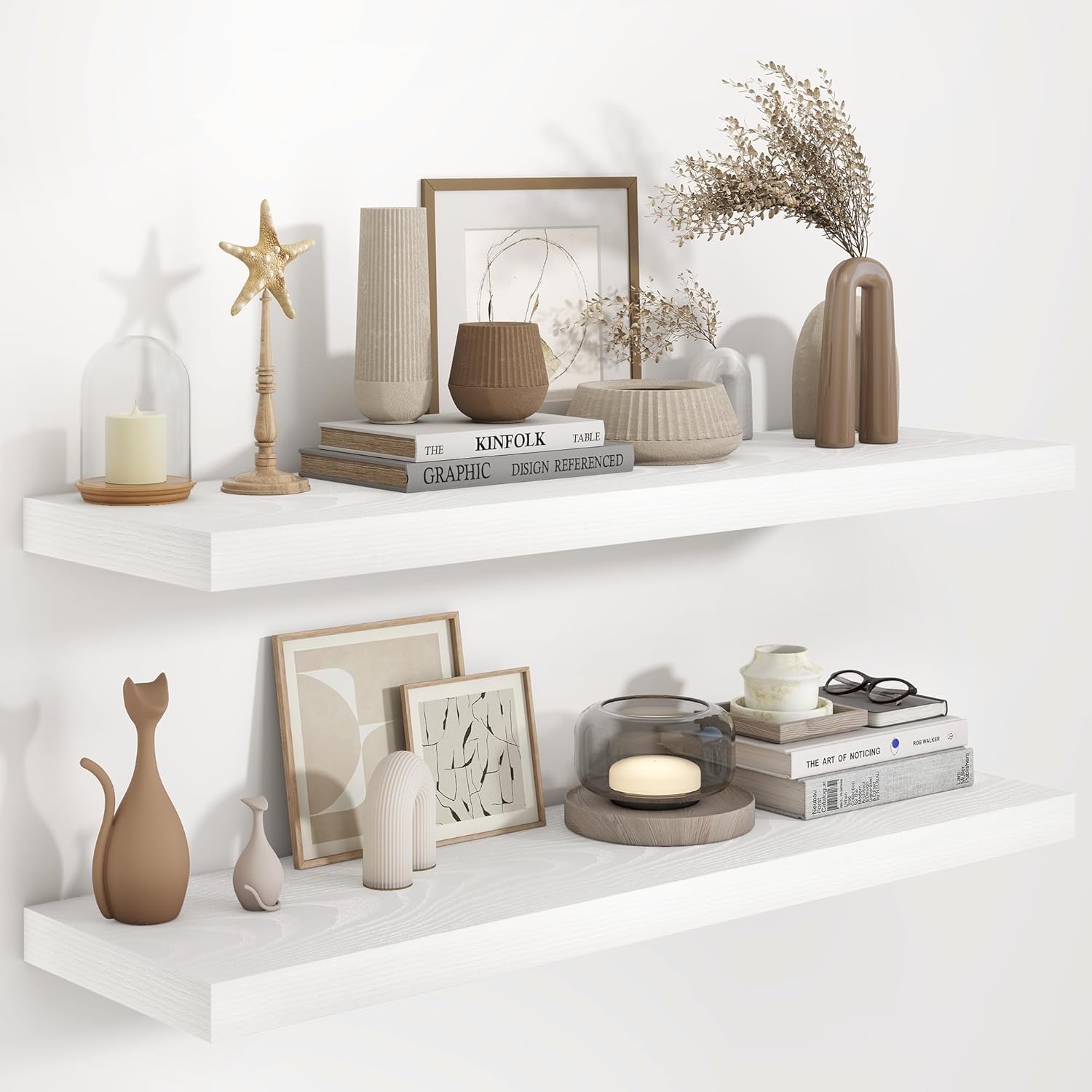 Fun Memories 48 Inch Floating Shelves in White, 9.3 Inch Deep Floating Shelf for Bathroom Living Room Kitchen, Rusitc Wall Mounted Bathroom Shelves 2 Pack, Heavy-Duty Deep Shelf for Books Decor