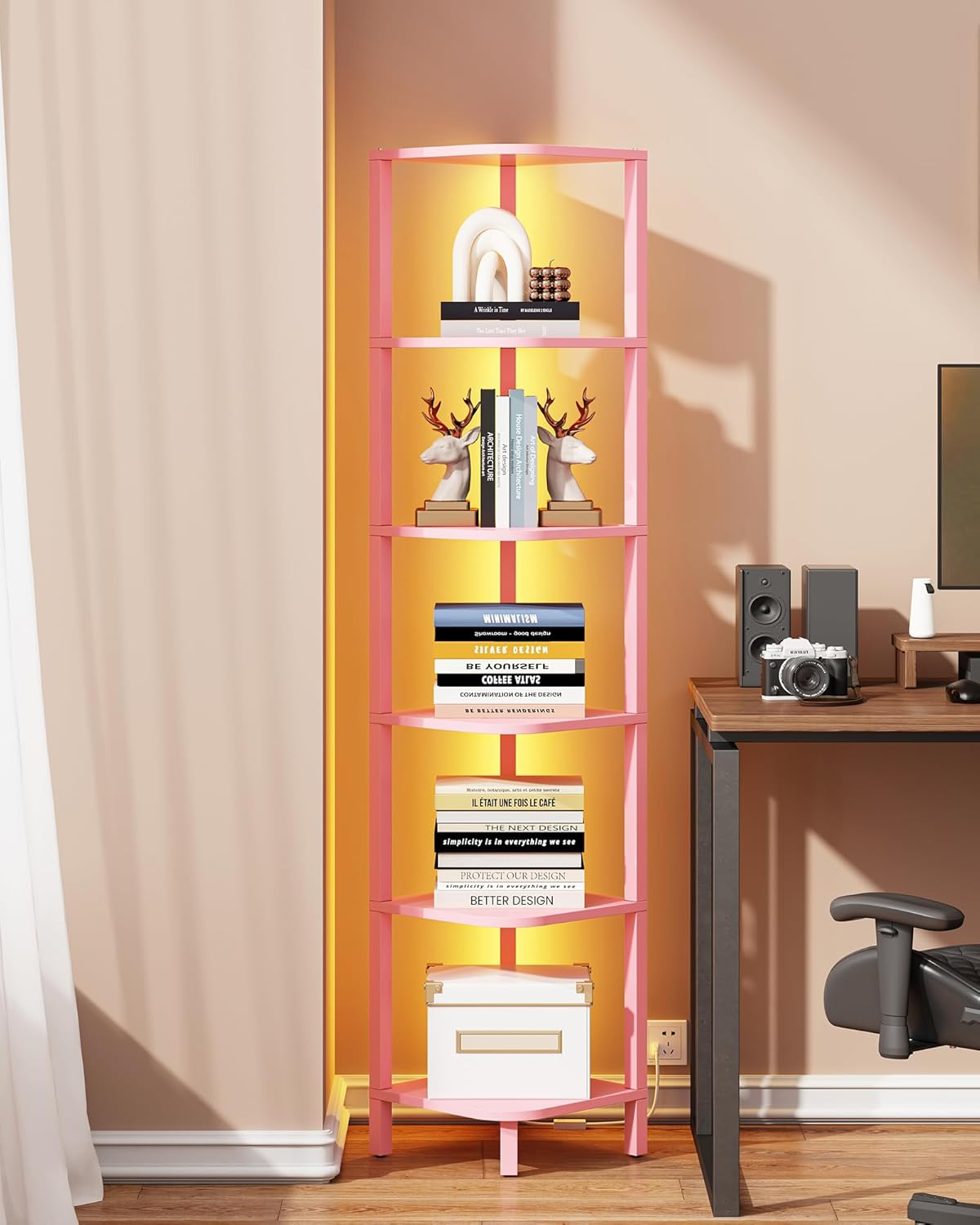 TUTOTAK 6-Tier Corner Bookshelf with LED Light,Corner Shelf for Small Space, Narrow Display Corner Shelf Stand with Storage Rack, for Living Room, Bedroom, Pure White V1BS05BW006L