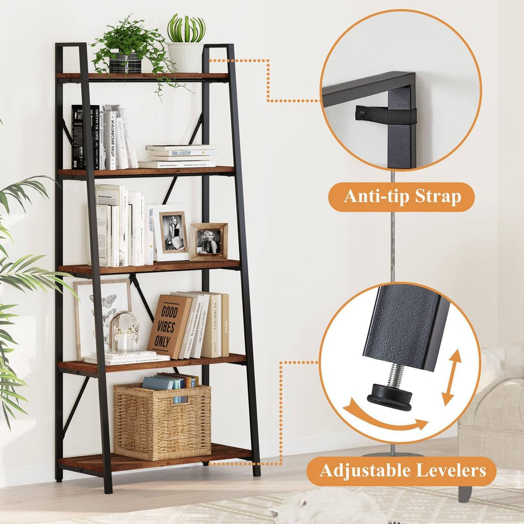 BON AUGURE Ladder Shelf Bookcase, 5-Tier Industrial Ladder Bookshelf, Tall Living Room Shelves, Wood and Metal Leaning Shelf for Home Office, Kitchen, Bedroom, Balcony (Rustic Oak)