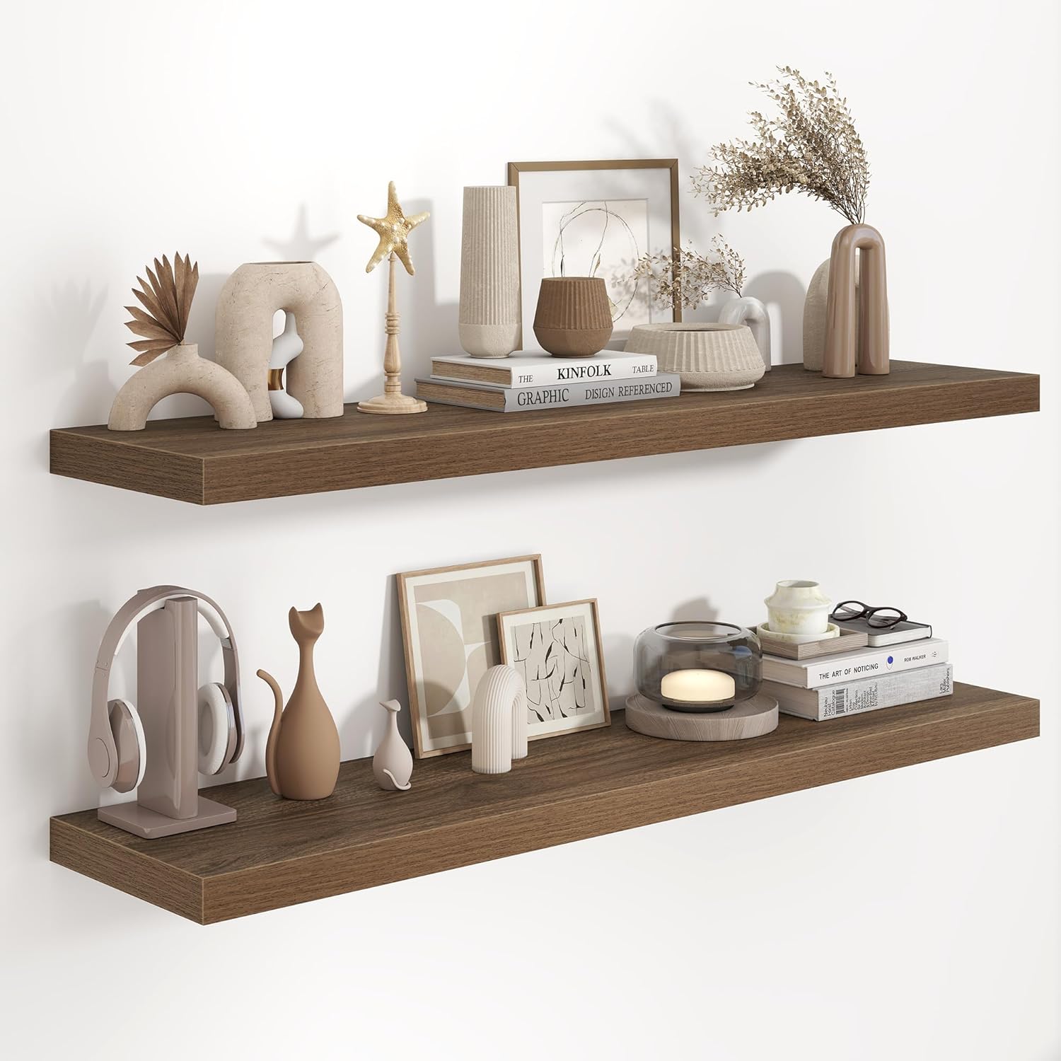 Fun Memories 48 Inch Floating Shelves in White, 9.3 Inch Deep Floating Shelf for Bathroom Living Room Kitchen, Rusitc Wall Mounted Bathroom Shelves 2 Pack, Heavy-Duty Deep Shelf for Books Decor