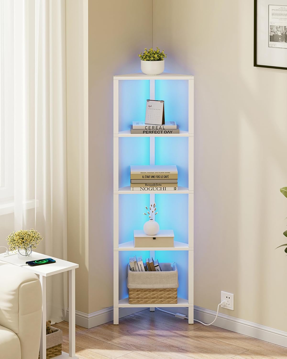 TUTOTAK 6-Tier Corner Bookshelf with LED Light,Corner Shelf for Small Space, Narrow Display Corner Shelf Stand with Storage Rack, for Living Room, Bedroom, Pure White V1BS05BW006L