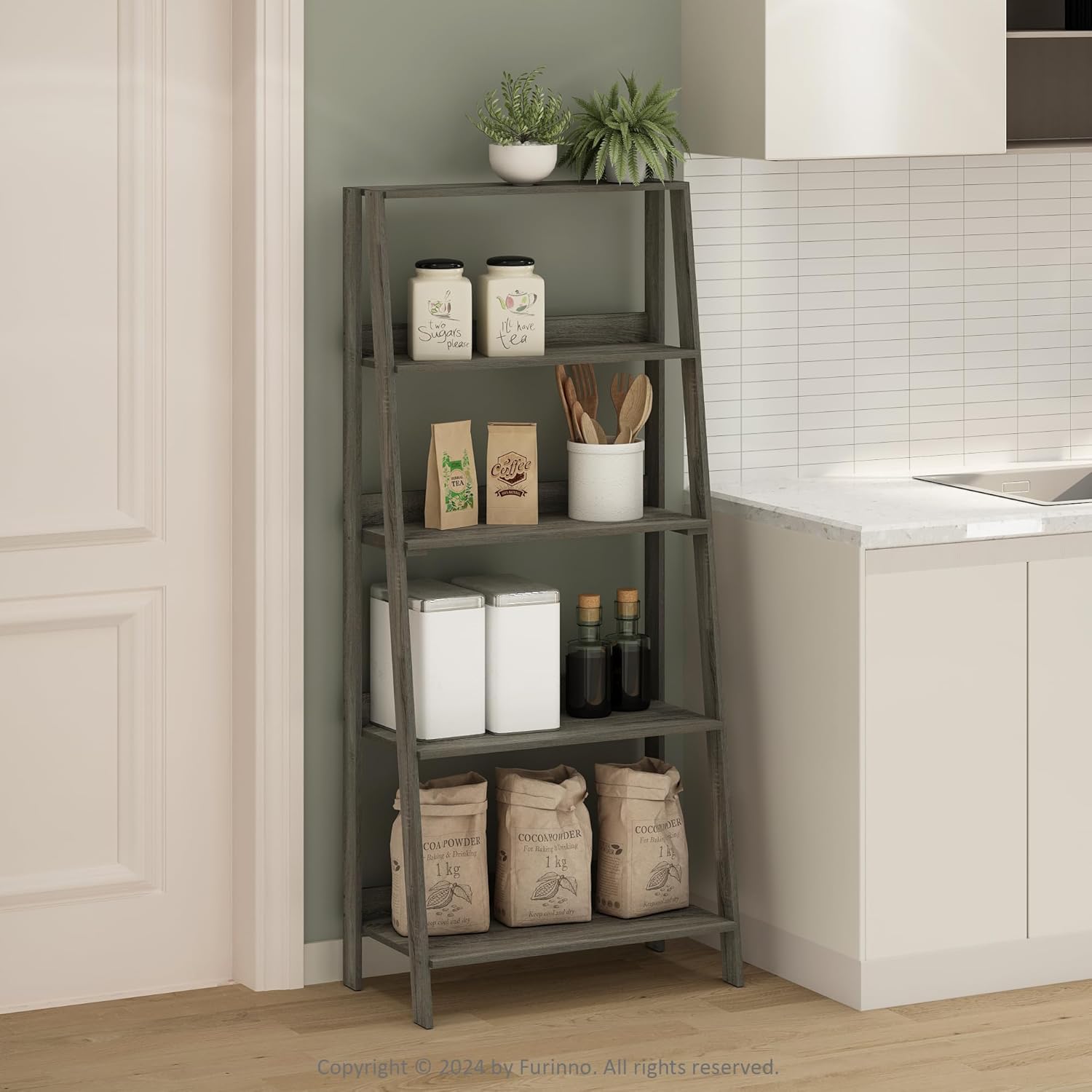 Furinno Ladder Display Shelf, 5-Tier Ladder Shelf, Ladder Bookshelf, Display Storage Shelves, 13 x 23.6 x 53.5, for Living Room, Home Office, White