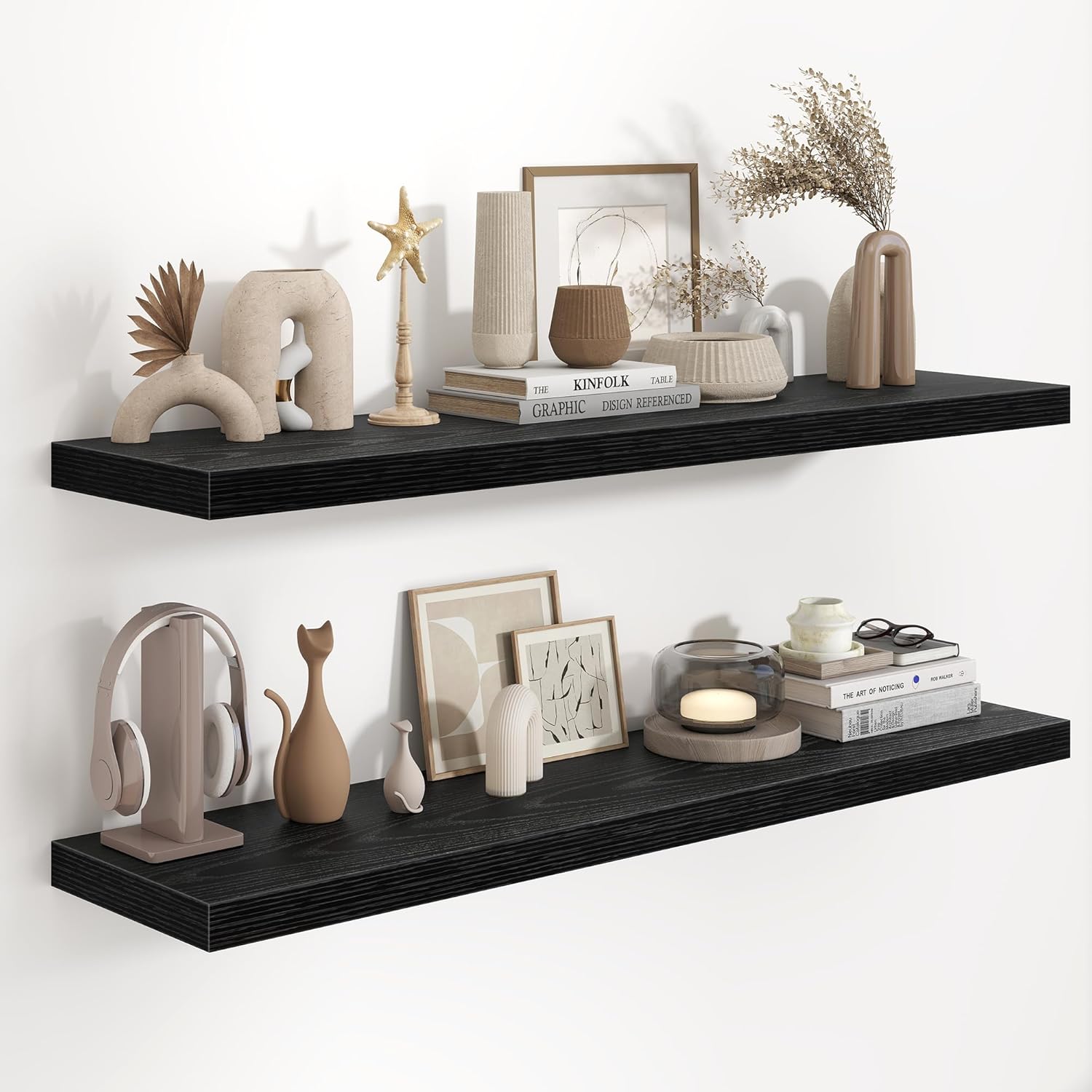 Fun Memories 48 Inch Floating Shelves in White, 9.3 Inch Deep Floating Shelf for Bathroom Living Room Kitchen, Rusitc Wall Mounted Bathroom Shelves 2 Pack, Heavy-Duty Deep Shelf for Books Decor