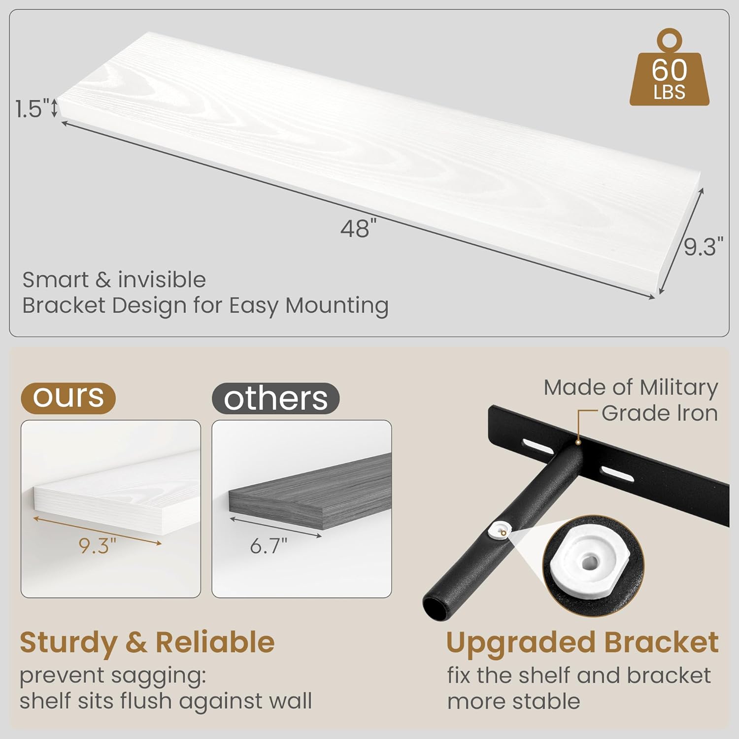 Fun Memories 48 Inch Floating Shelves in White, 9.3 Inch Deep Floating Shelf for Bathroom Living Room Kitchen, Rusitc Wall Mounted Bathroom Shelves 2 Pack, Heavy-Duty Deep Shelf for Books Decor