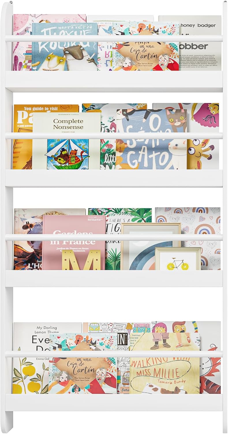 FOTOSOK Kids Bookshelf, Wall Mount 4-Tier Book Shelf Organizer for Toys and Books, Toy Storage Bookshelf in Bedroom, Living Room and Nursery, White