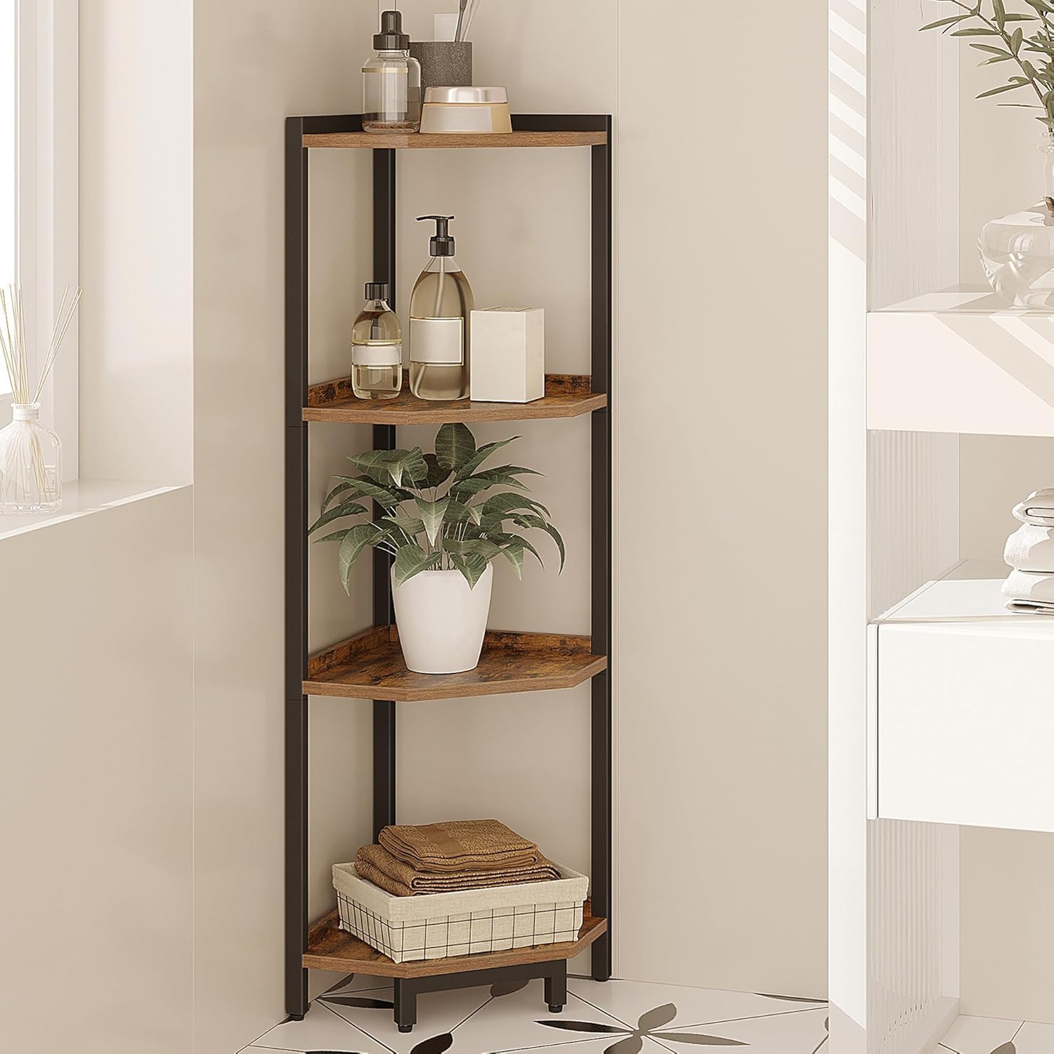 Corner Shelf Stand, Corner Bookshelf, Storage Standing Shelf Unit with Metal Frame, Plant Stand, Corner Bookcase for Living Room, Home Office, Bedroom, 6-Tier Rustic Brown CS06001B