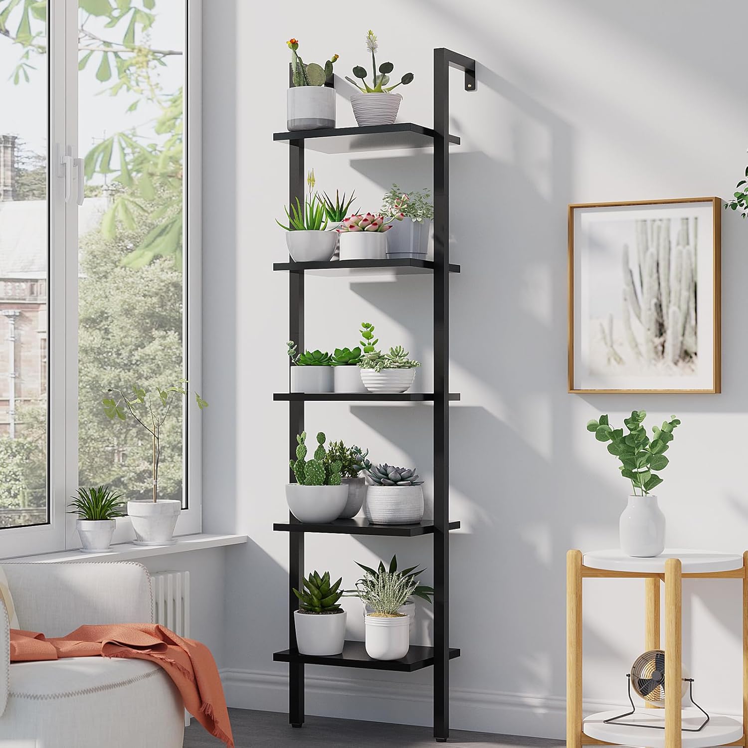 YMYNY 5 Tiers Narrow Ladder Bookcase, Industrial Wall Mounted Bookshelf, Open Display Rack with Metal Frame, Wooden Storage Shelves for Bedroom, Home Office, Living Room, Black, 70*17.3*11.8"UHBC015B