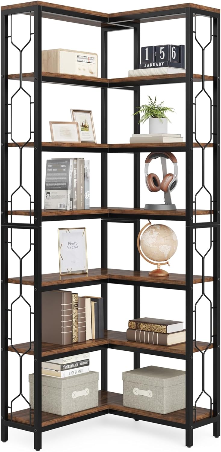 Tribesigns Corner Shelf, 7-Tier Industrial Corner Bookshelf, Wood and Metal Etagere Bookcase, Freestanding Display Shelf for Living Room, Kitchen, Home Office, Rustic Brown | Corner Bookshelf, Etagere Bookcase, Display Shelf, Living Room, Kitchen, Home Of