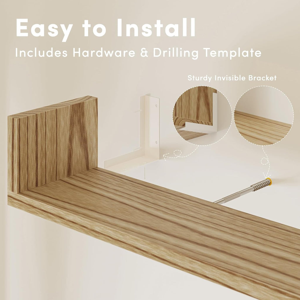 Wall Bookshelf, Set of 3, 36 Inches U Shaped Wall Shelves, Long Deep Floating Shelves, Large Floating Book Shelves - Wood Hanging Bookshelves for Kitchen, Bedroom (Light Brown, 35.4 Inches)