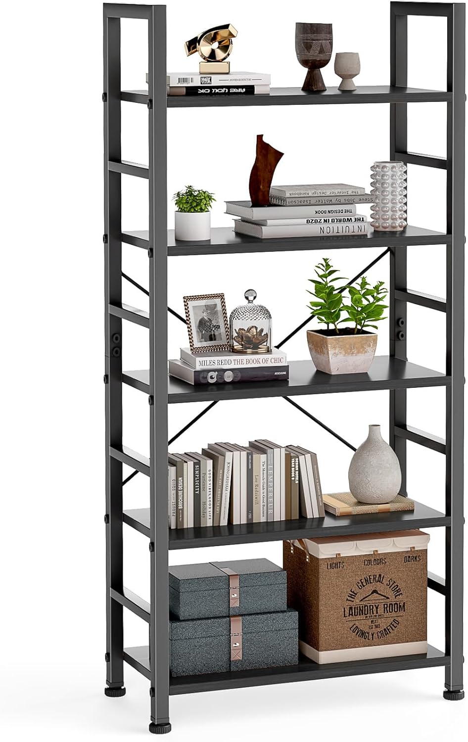 DUMOS Ladder Shelf, 4-Tier Display Bookshelf, Industrial Style Storage Standing Shelf, Decorative Shelves with Stable Frame for Living Room, Bedroom, Office, Kitchen, Bathroom, Brown