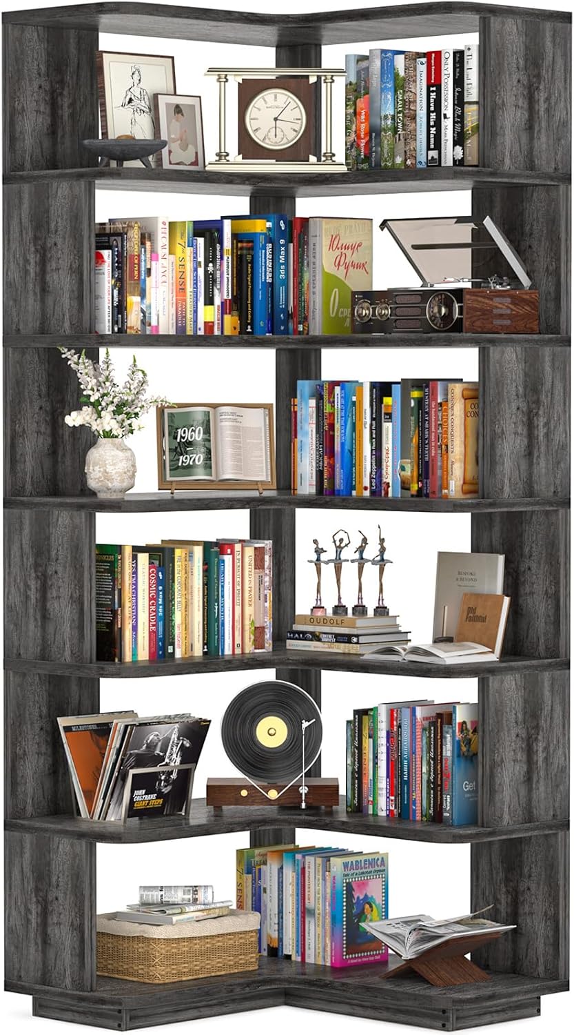 Armocity Corner Book Shelf - 6-Shelf Corner Bookshelf Etagere Bookcase with Baffle, Freestanding L Shaped Display Shelf Stand for Home Office, Living Room, Bedroom, Kitchen, White