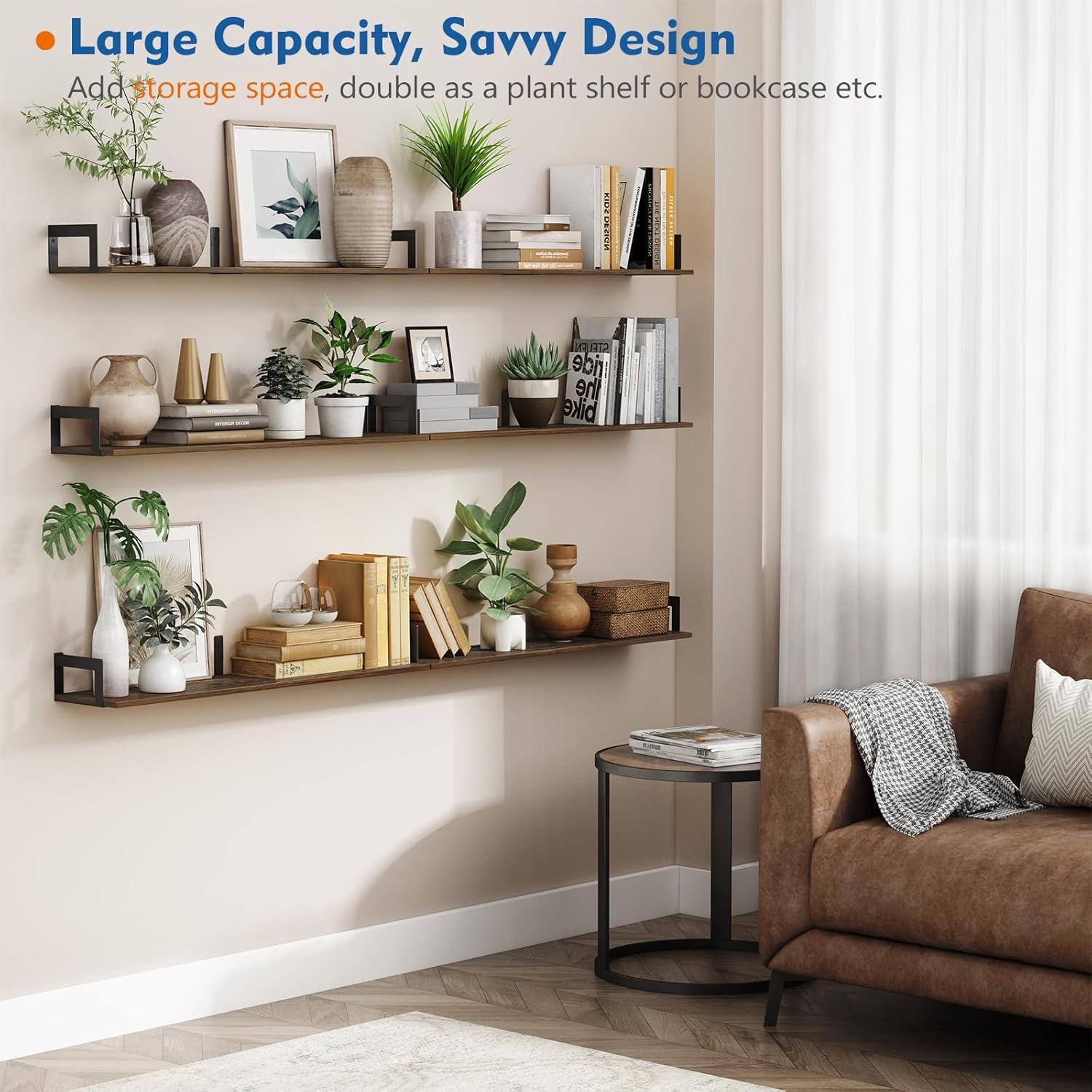 Floating Shelves for Wall 36 Inches Long 8 Inch Deep, Large Wall Book Shelves for Bedroom, Rustic Wood Hanging Bookshelf for Living Room Office Kitchen Closet Organizers and Storage - Set of 3