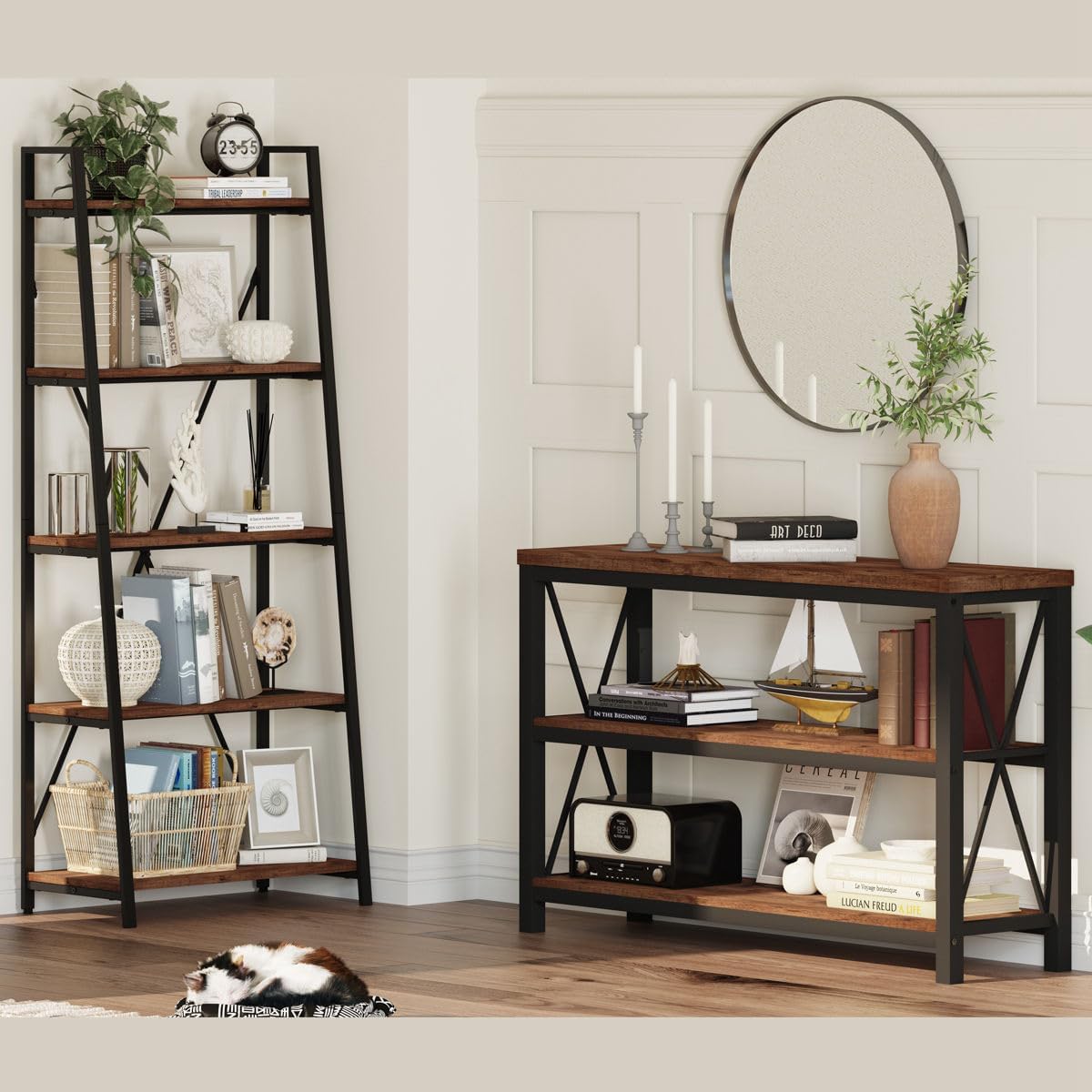 BON AUGURE Ladder Shelf Bookcase, 5-Tier Industrial Ladder Bookshelf, Tall Living Room Shelves, Wood and Metal Leaning Shelf for Home Office, Kitchen, Bedroom, Balcony (Rustic Oak)