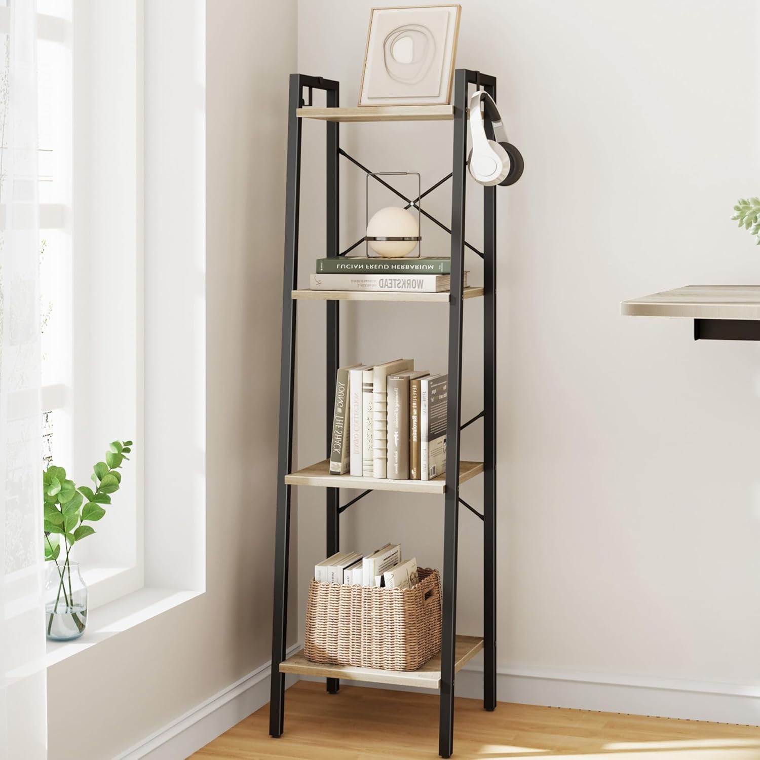 Ladder Shelf, Bookshelf Bookcase, Freestanding Corner Storage Shelve with 2 Hooks for Home Office, Living Room, Kitchen, Bedroom, Industrial, 11.8" D x 13.4" W x 63" H, Rustic Brown BC03201B