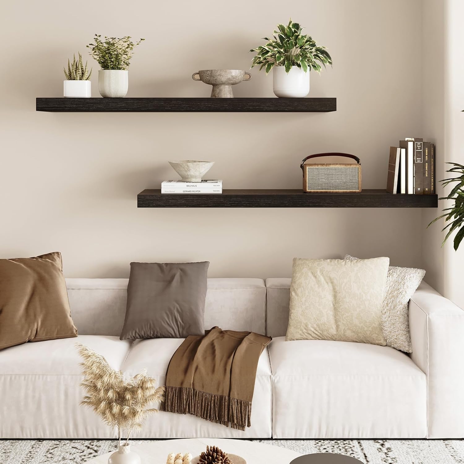 Fixwal Floating Shelves for Wall, 35" Long Heavy Duty Wall Mounted Rustic Wood Shelves for Living Room, Bedroom, Bathroom and Kitchen, for Storage, Books, Room Decor (Black, Set of 2)