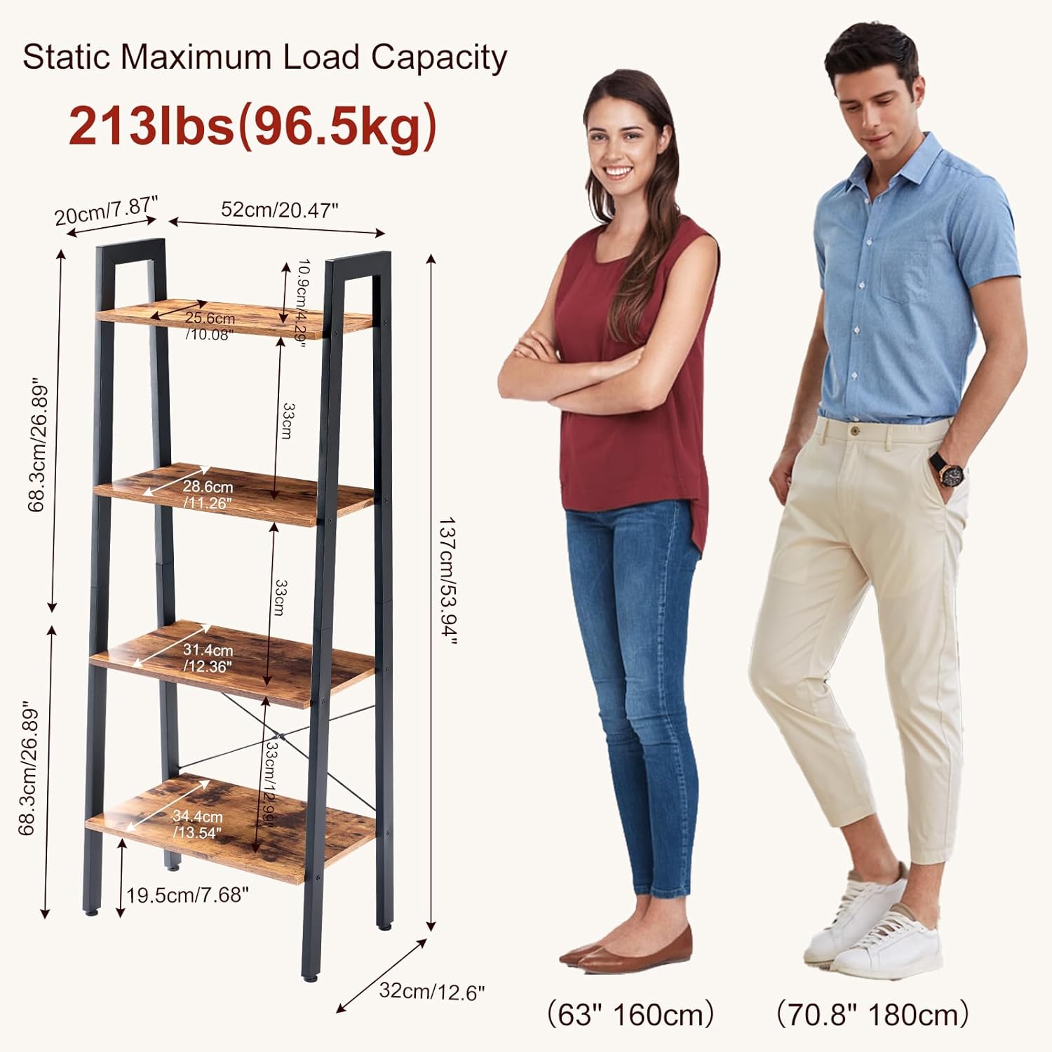 DUMOS Ladder Shelf, 4-Tier Display Bookshelf, Industrial Style Storage Standing Shelf, Decorative Shelves with Stable Frame for Living Room, Bedroom, Office, Kitchen, Bathroom, Brown