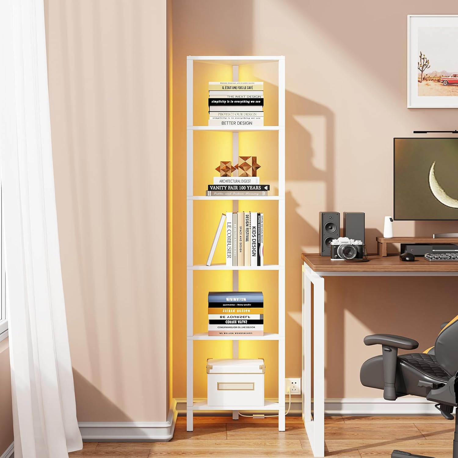 TUTOTAK 6-Tier Corner Bookshelf with LED Light,Corner Shelf for Small Space, Narrow Display Corner Shelf Stand with Storage Rack, for Living Room, Bedroom, Pure White V1BS05BW006L