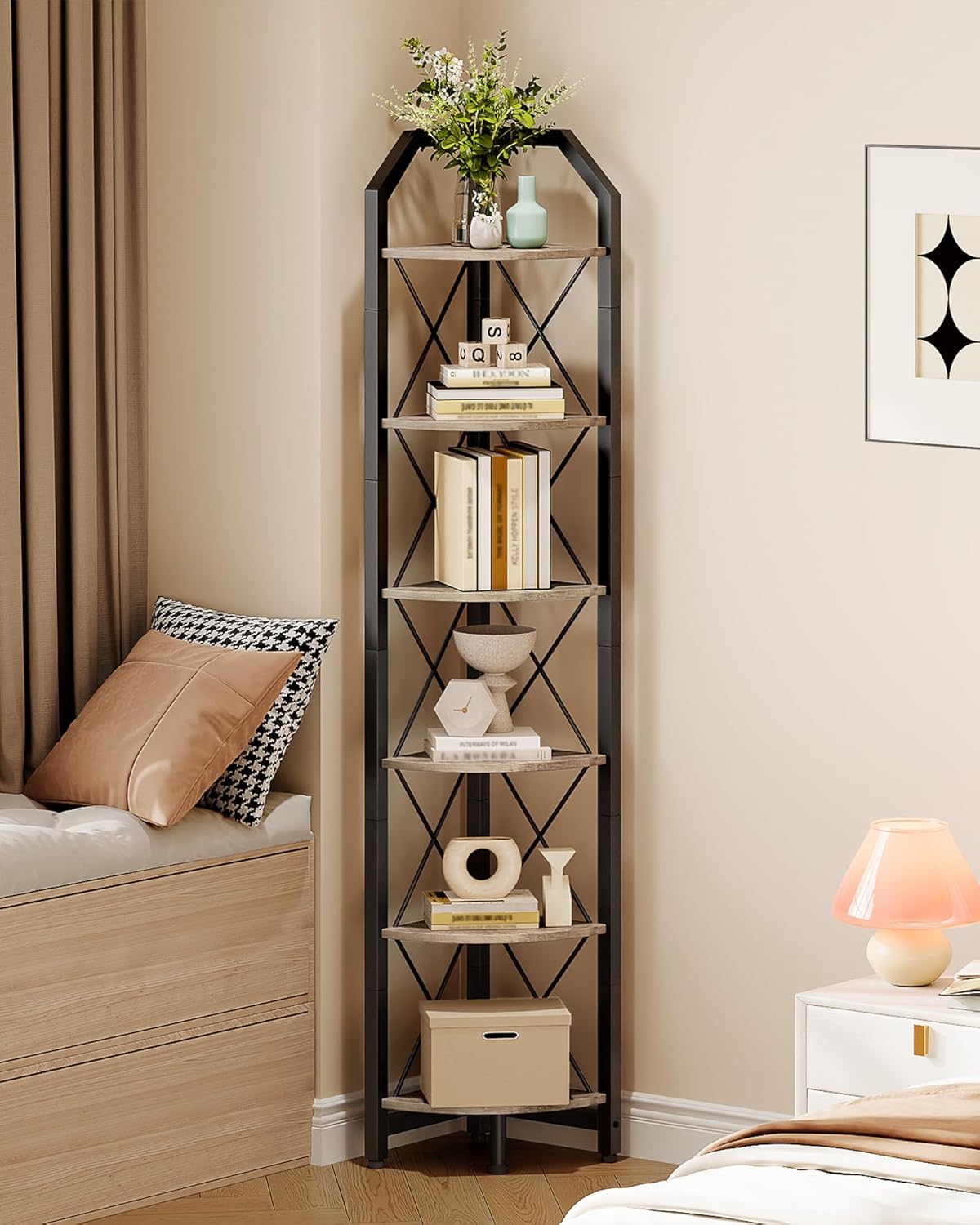 59.4" Corner Shelf, 5-Tier Industrial Corner Bookshelf, Corner Storage Stand, Plant Stand Display Shelf, Bookcase for Bedroom, Living Room, Home Office, Rustic Brown and Black TCJ10BF